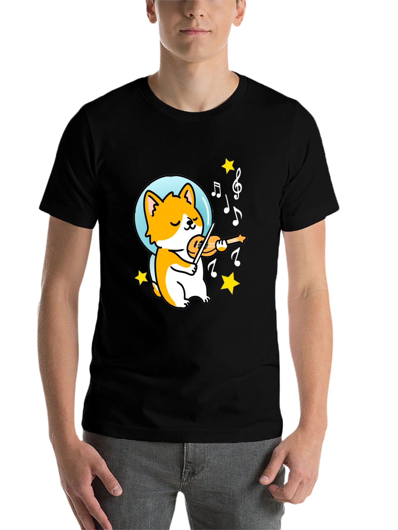 Black Musical Corgi Graphic Tee - Black Cotton T-Shirt view 7