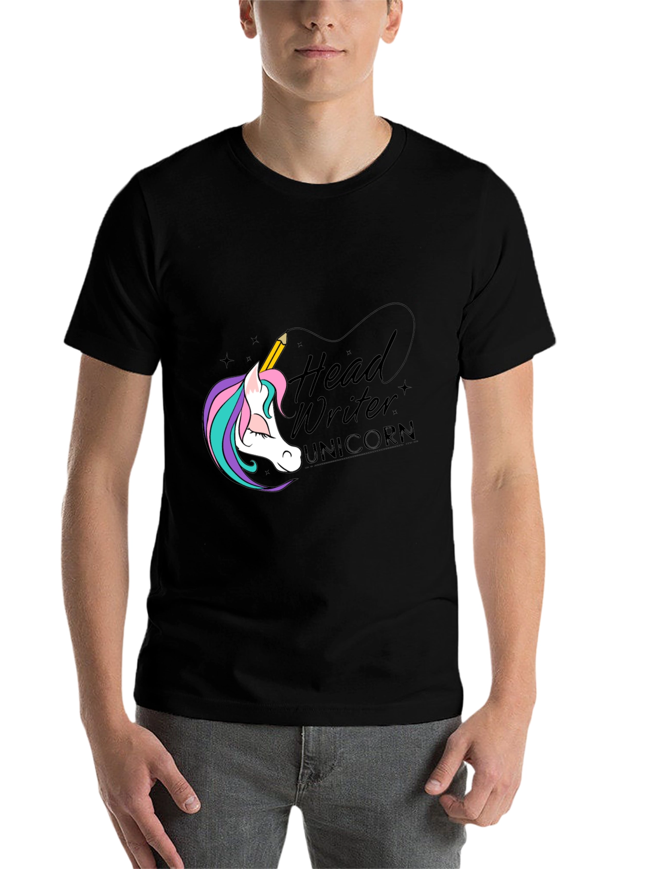 Black Head Writer Unicorn Graphic Tee - Black view 7