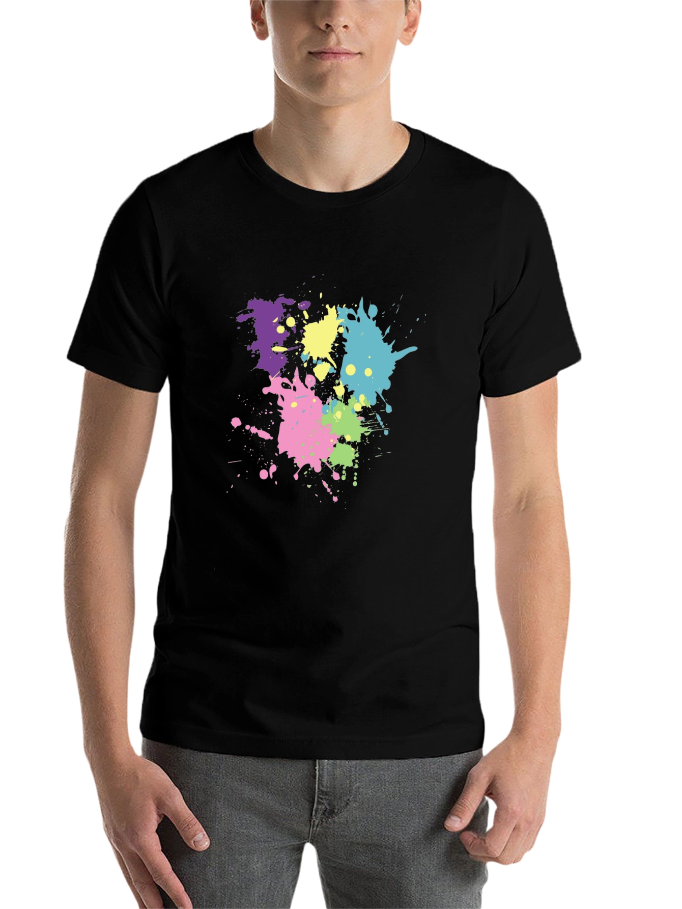 Black Men's Black T-Shirt with Colorful Paint Splatter Design view 7