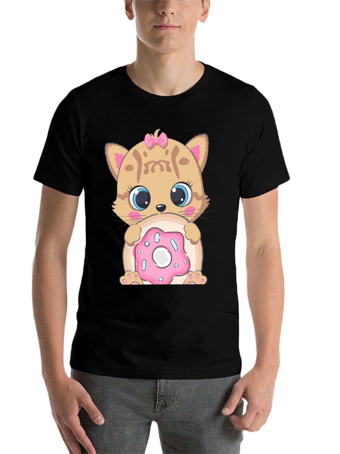 Black Cute Cat & Donut Graphic T-Shirt view 7