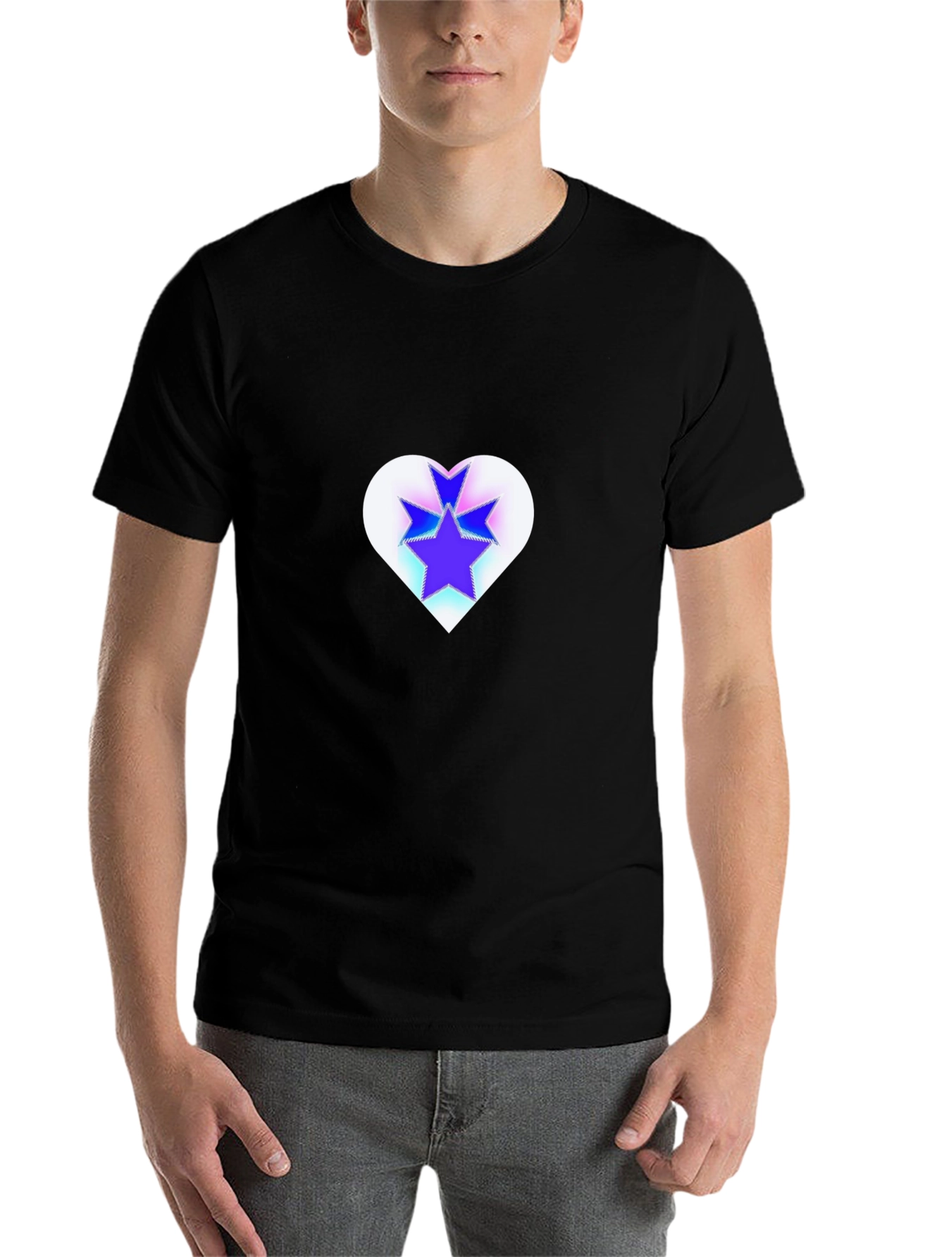 Black Stylish Black Tee with Heart & Stars Graphic view 7