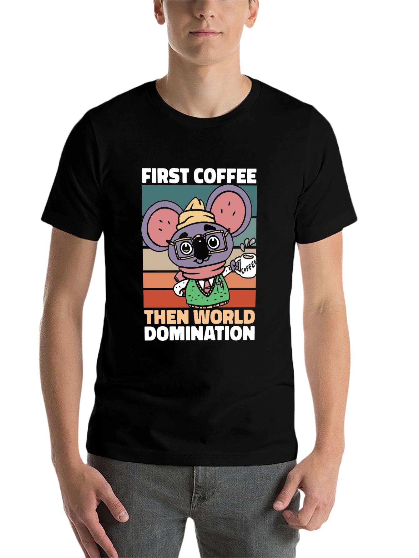 Black First Coffee Then World Domination T-Shirt view 7