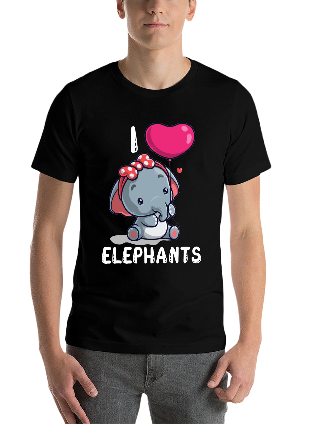 Black I Love Elephants Cartoon T-Shirt view 7