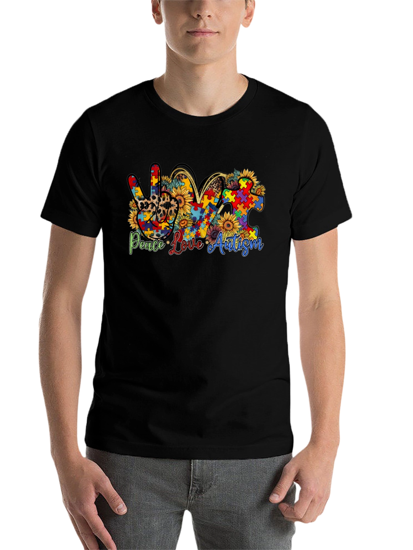 Black Peace Love Autism Awareness T-Shirt view 7