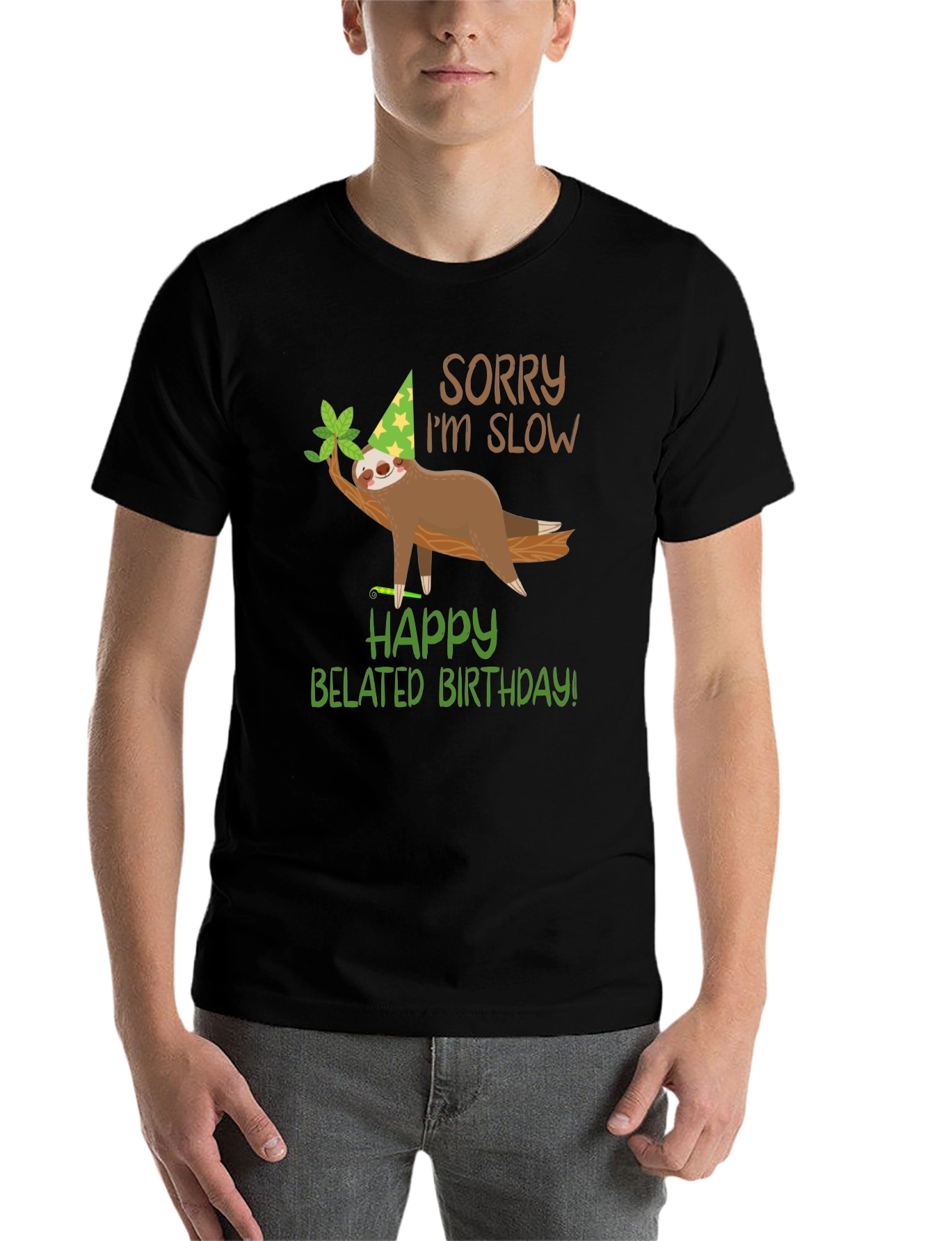 Black Funny Belated Birthday Sloth T-Shirt view 7