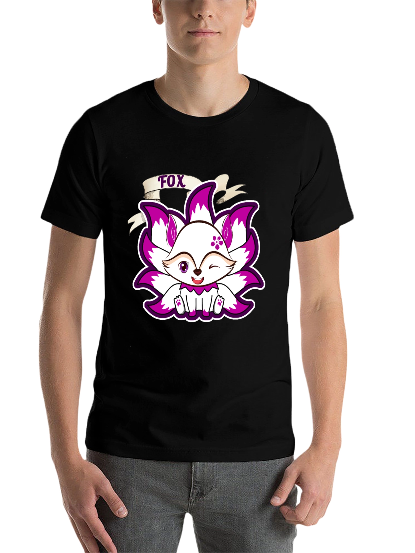 Black Cute Fox Graphic Print T-Shirt - Black view 7