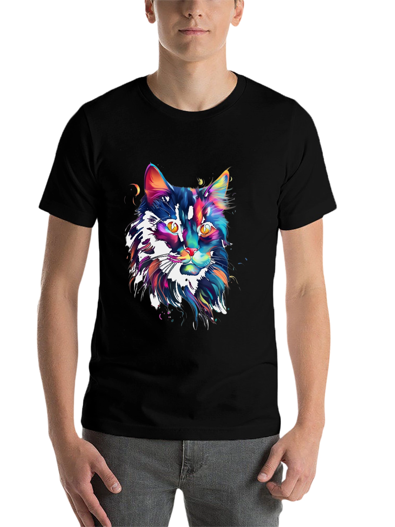 Black Colorful Cat Graphic Black T-Shirt view 7