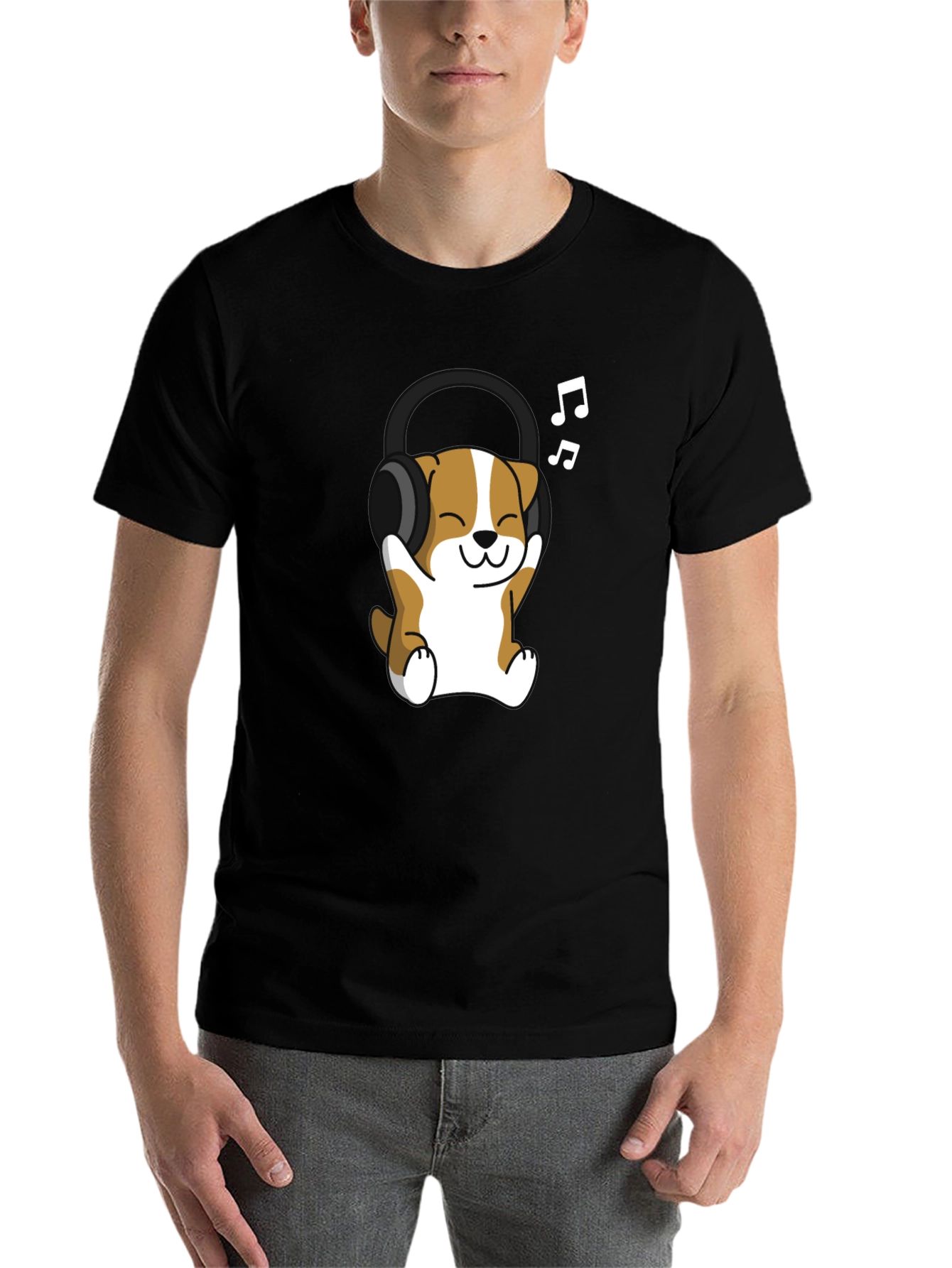 Black Cute Dog with Headphones Black T-Shirt view 7