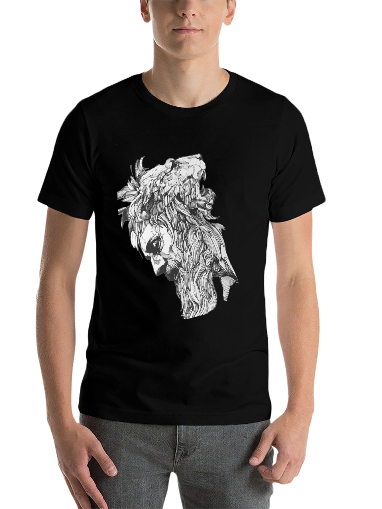 Black Lion Man Graphic Tee - Black Cotton Blend view 7