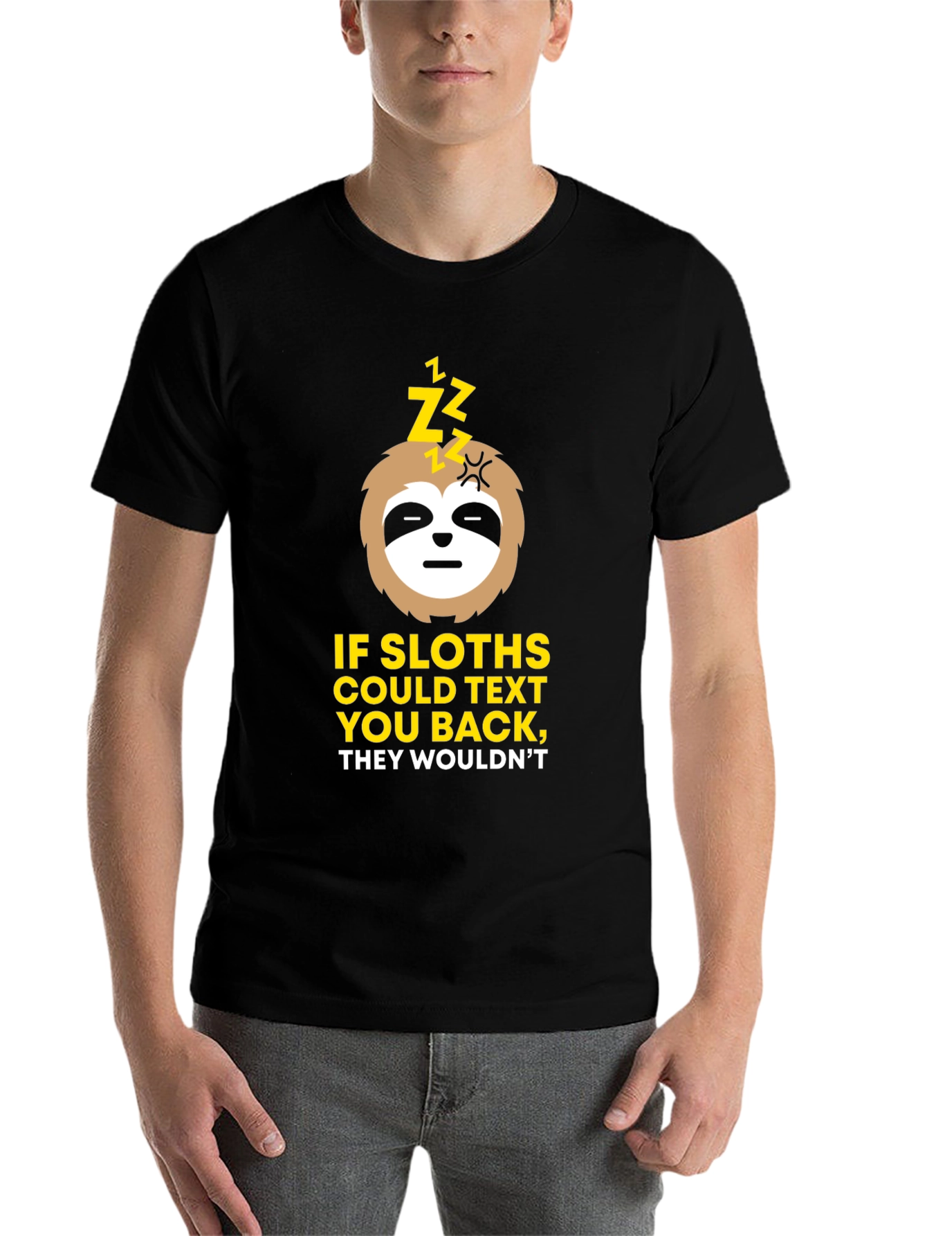 Black Funny Sloth Texting T-Shirt view 7