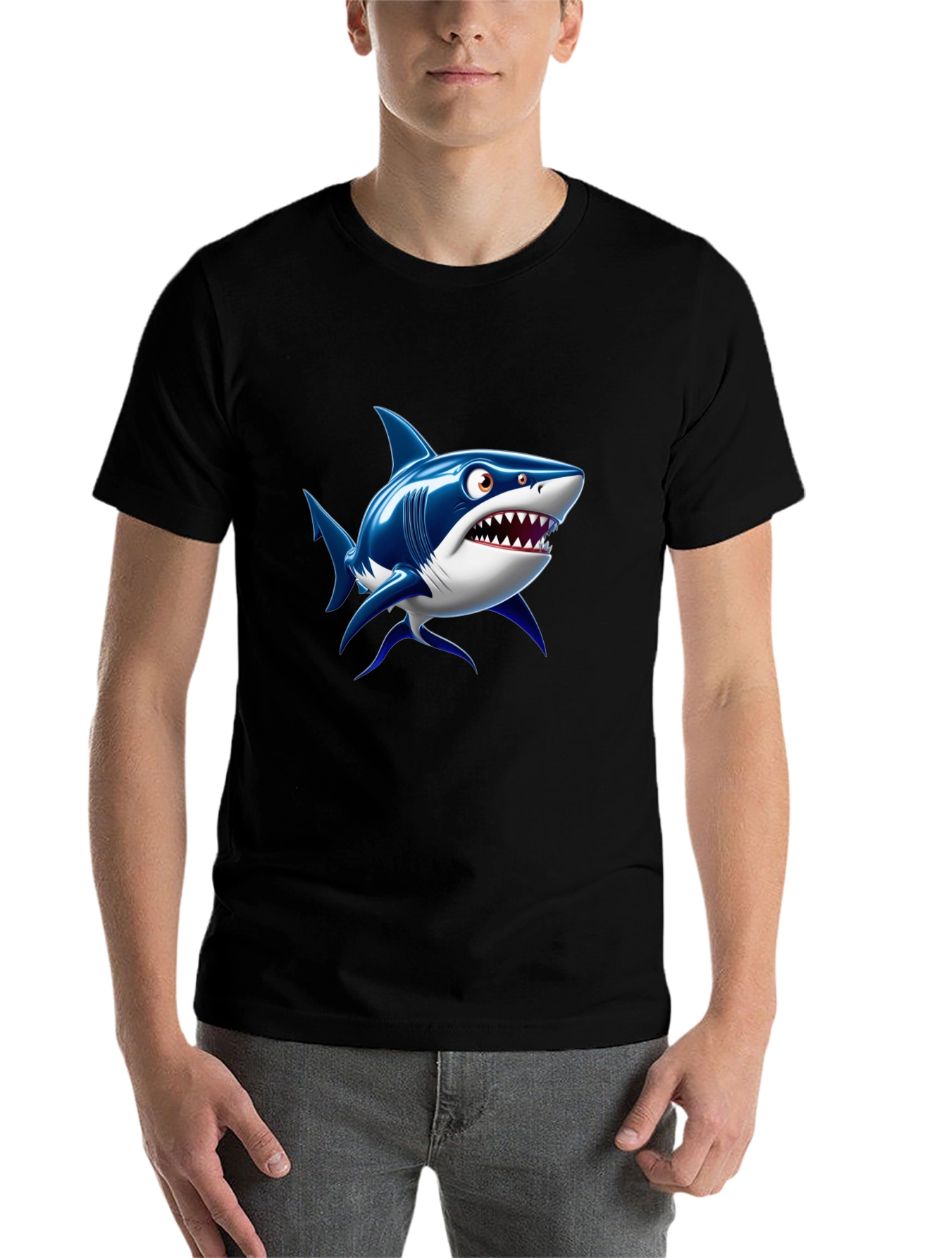 Black Shark Cartoon Graphic Black T-Shirt view 7