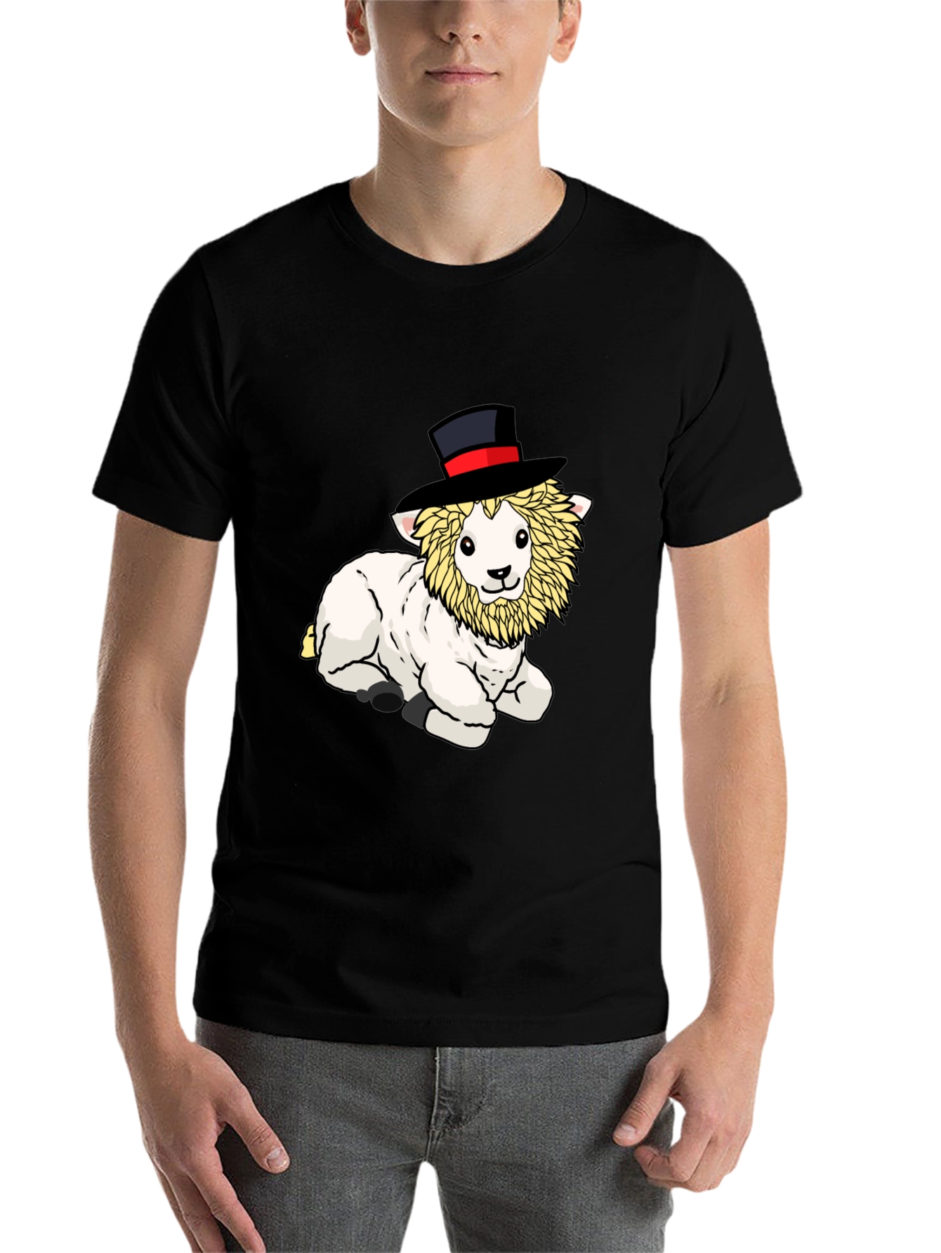 Black Whimsical Lamb Top Hat Graphic Tee - Black Cotton Shirt view 7