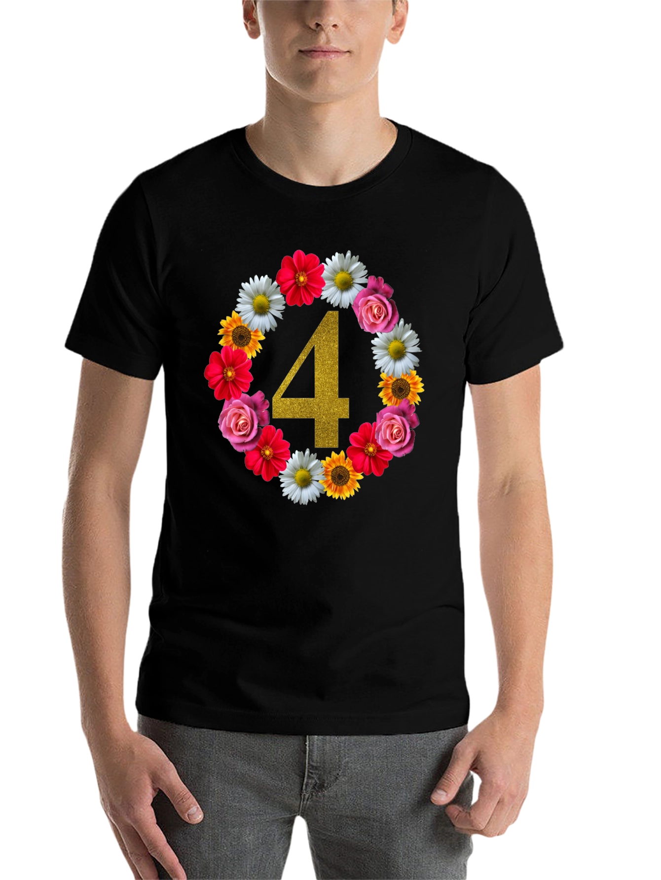 Black Floral Number 4 Birthday T-Shirt view 7