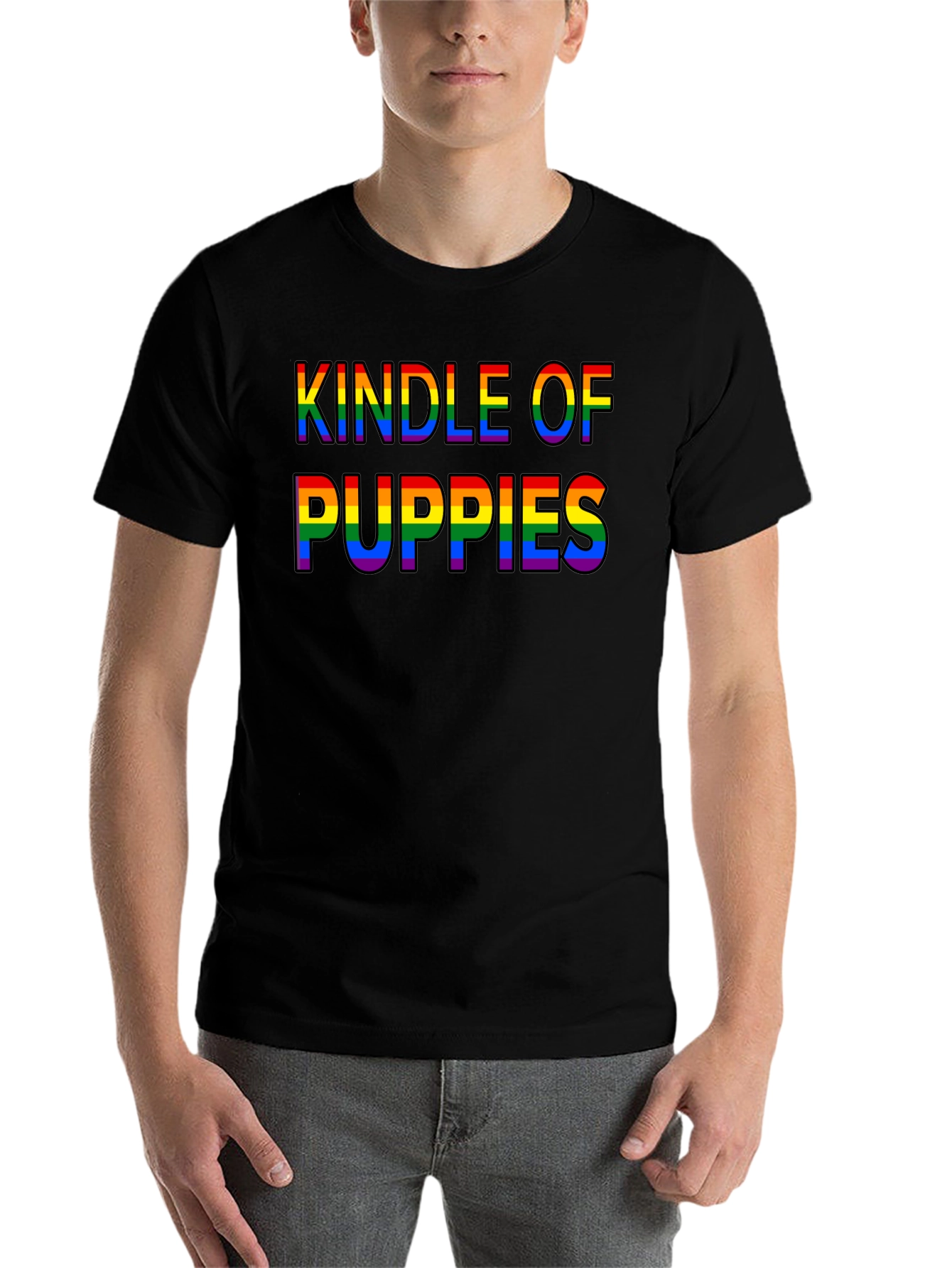 Black Kindle of Puppies Rainbow Text T-Shirt view 7