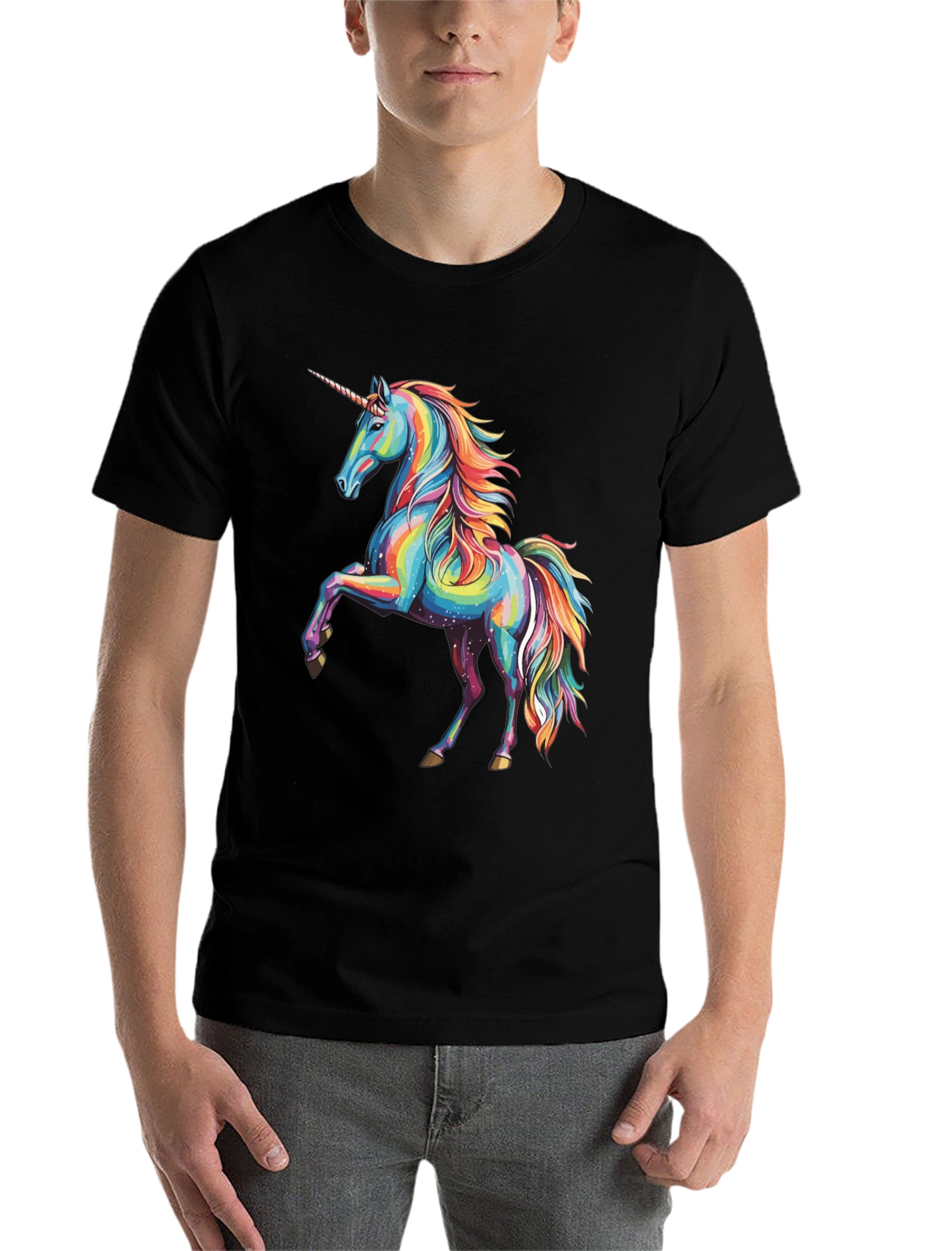 Black Rainbow Unicorn Graphic Print Crew Neck T-Shirt view 7