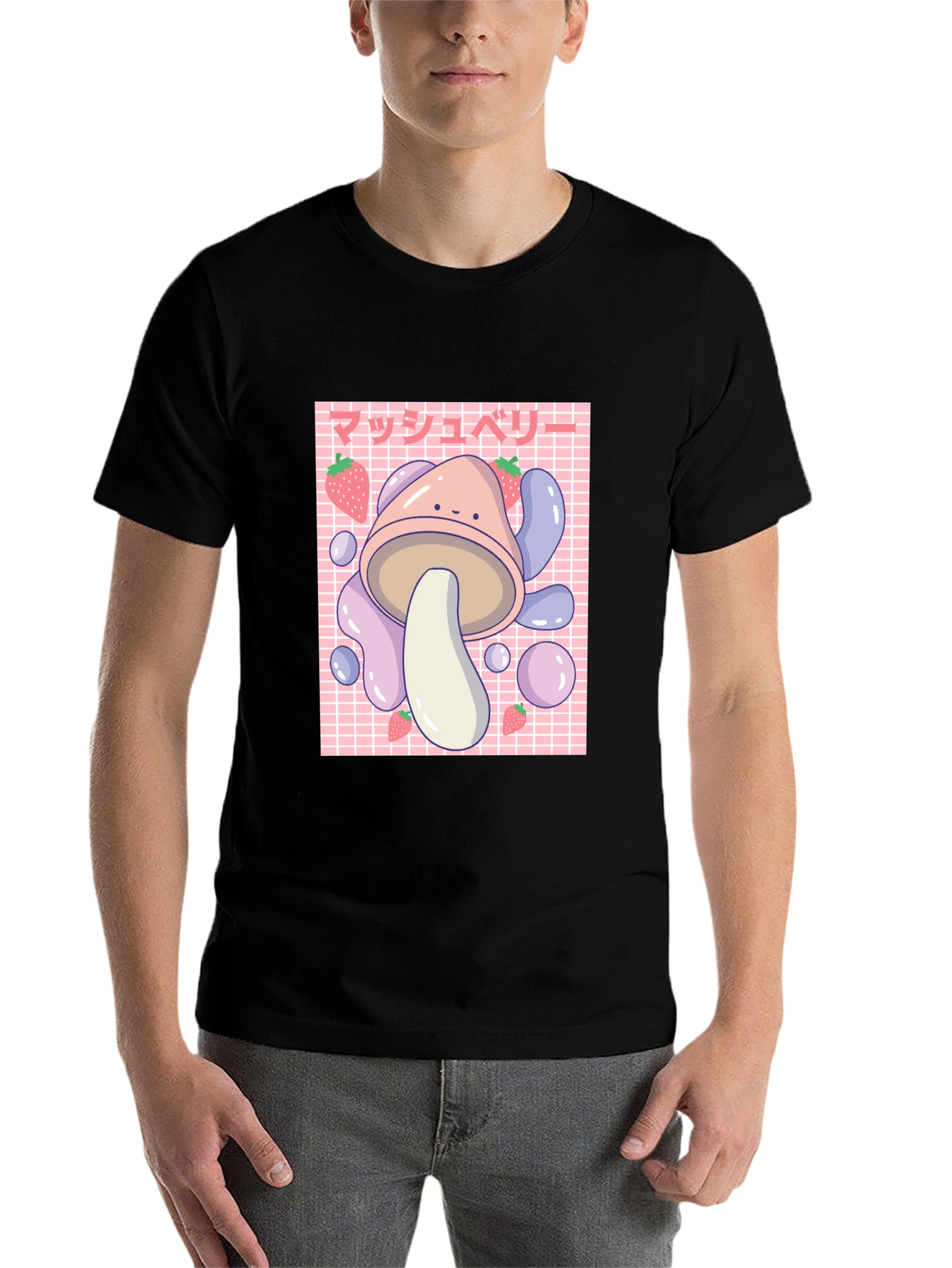 Black Cute Mushroom & Strawberry Graphic T-Shirt view 7