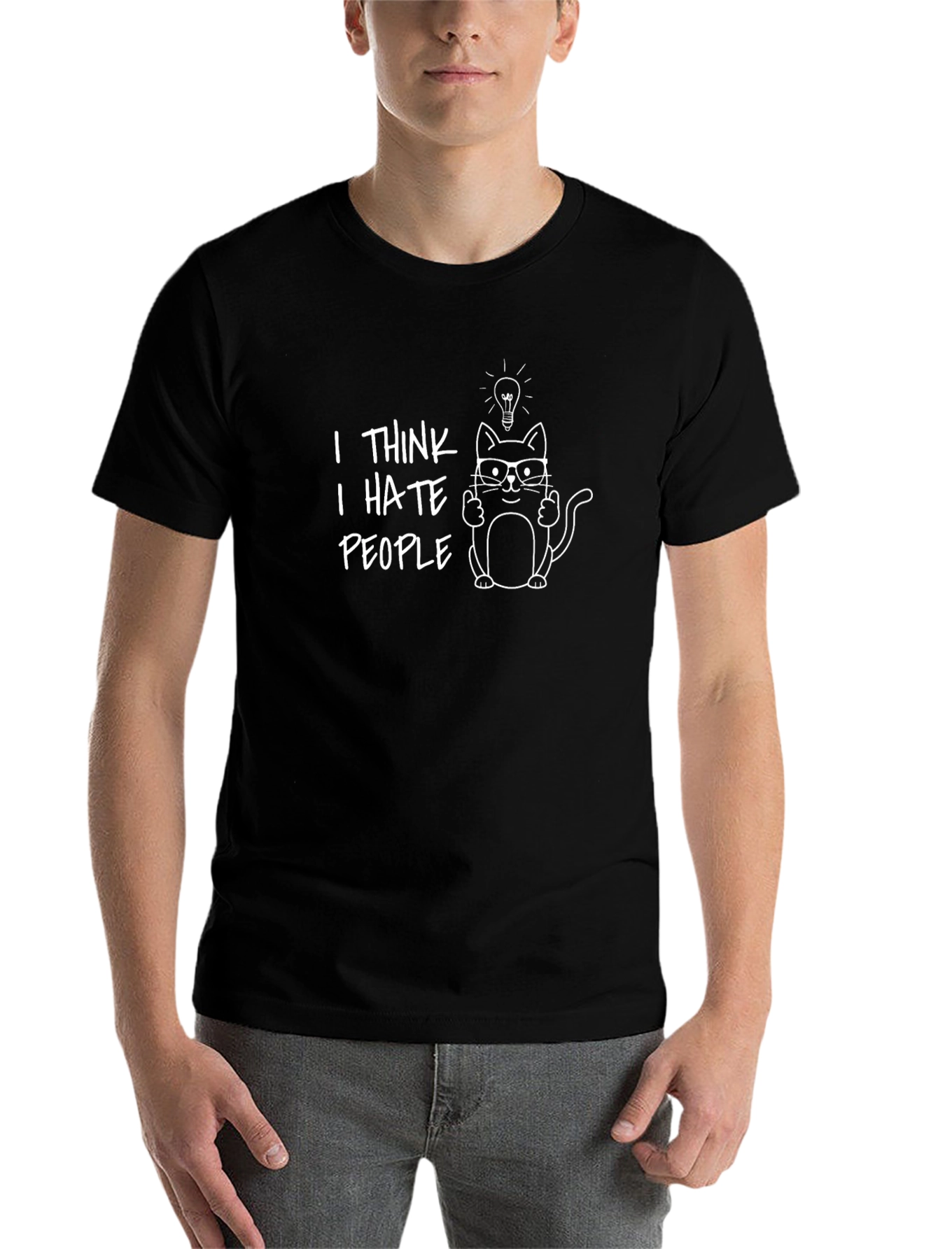 Black Funny "I Think I Hate People" Cat T-Shirt view 7