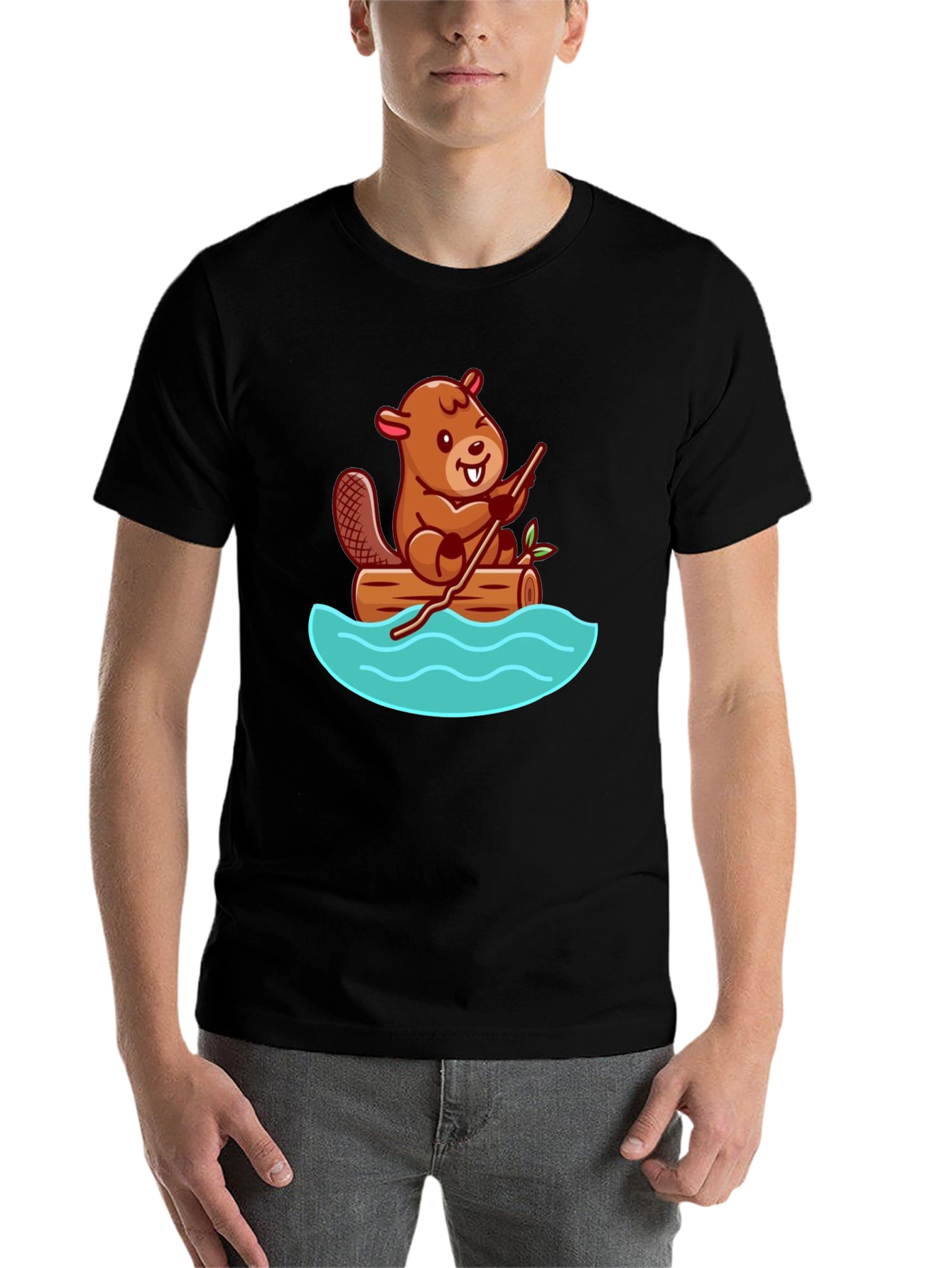 Black Beaver on Log Cartoon T-Shirt - Unisex Crew Neck view 7
