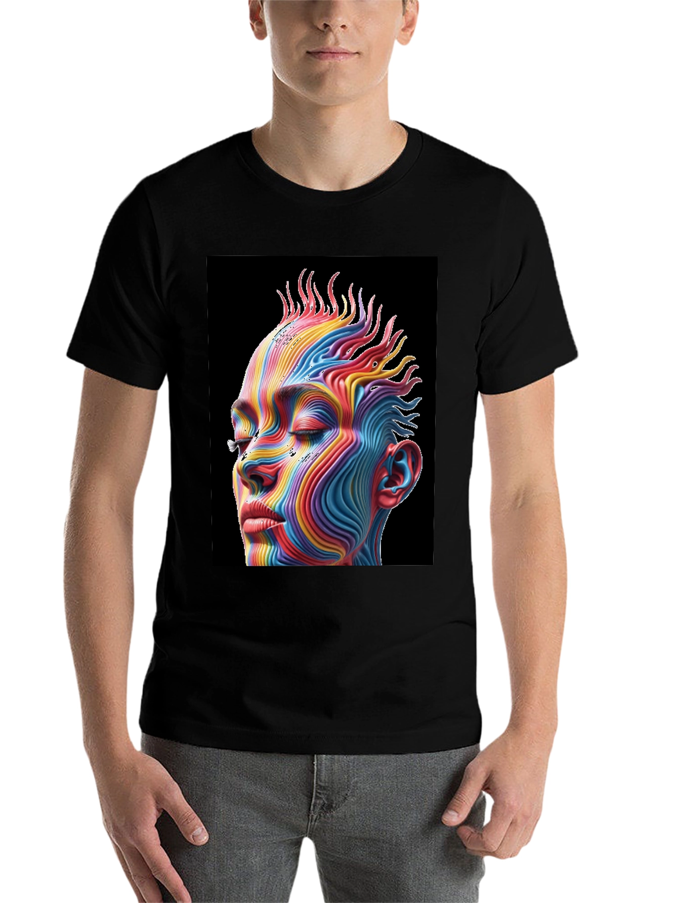 Black Rainbow Abstract Face Graphic Tee - Unisex Black T-Shirt view 7