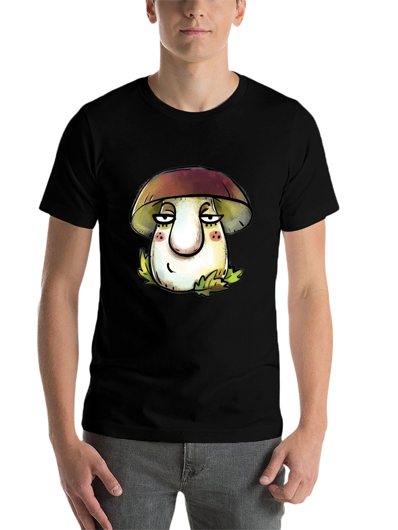 Black Mushroom Cartoon T-Shirt - Unisex Black Tee view 7