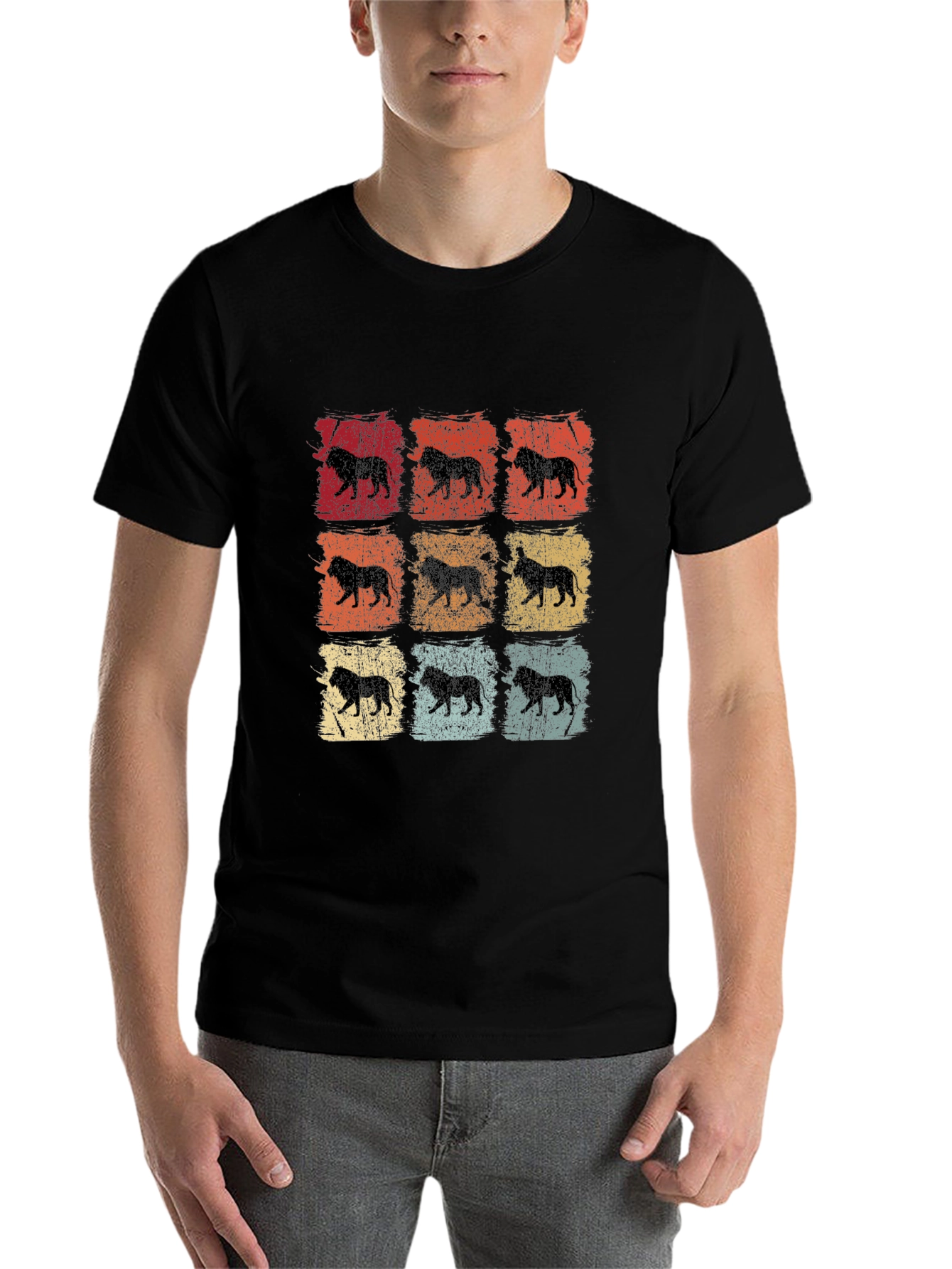 Black Retro Lion Print Men's T-Shirt view 7