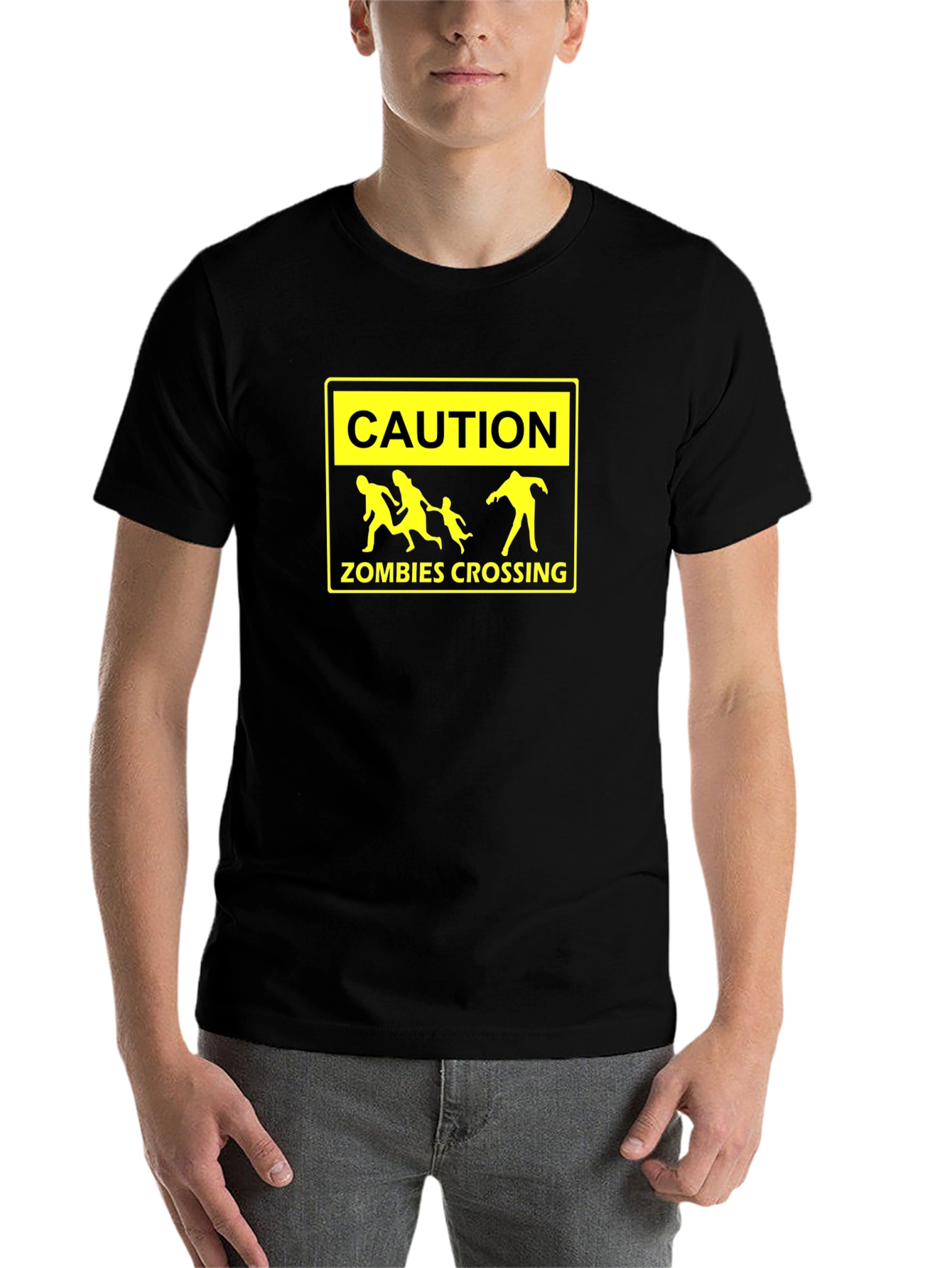 Black Caution Zombies Crossing Graphic T-Shirt view 7