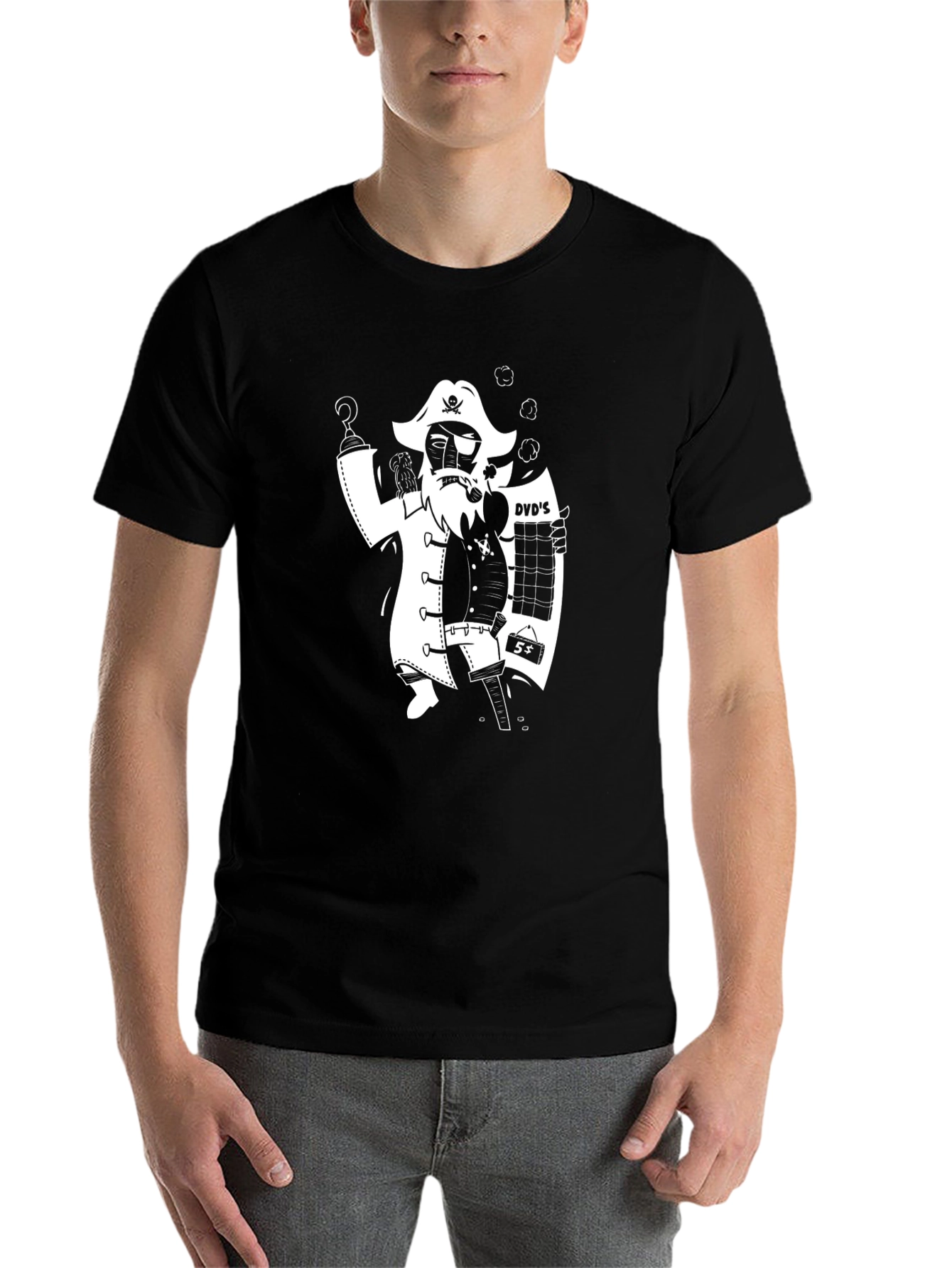 Black Pirate DVD Salesman T-Shirt - Unique Graphic Tee view 7