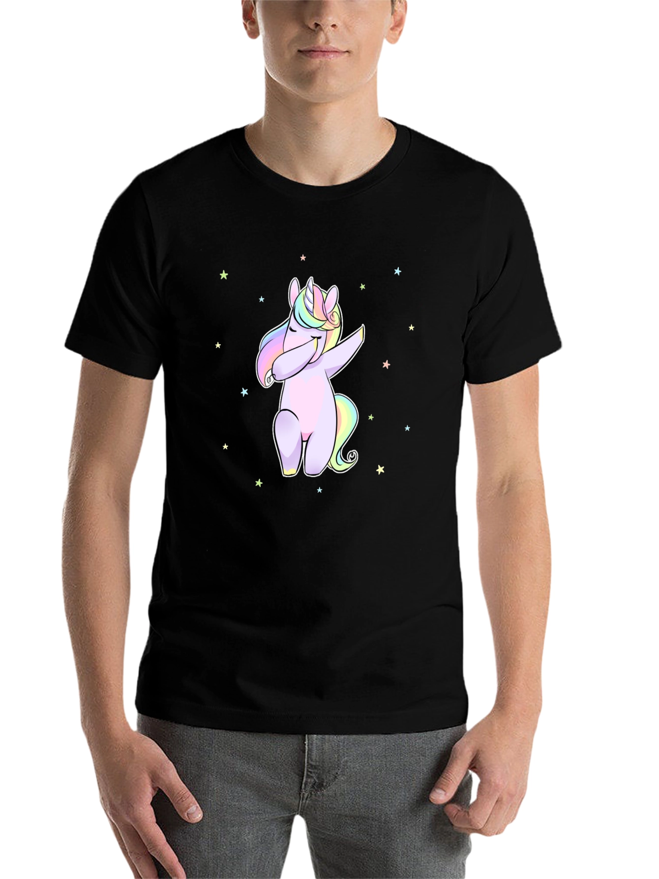 Black Dabbing Unicorn Graphic Tee - Men's Black T-Shirt view 7