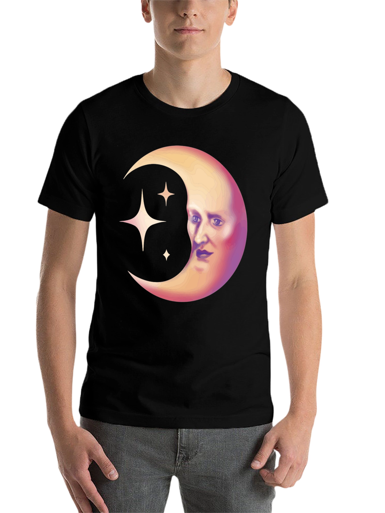 Black Celestial Moon Face Graphic Tee - Unique Design view 7