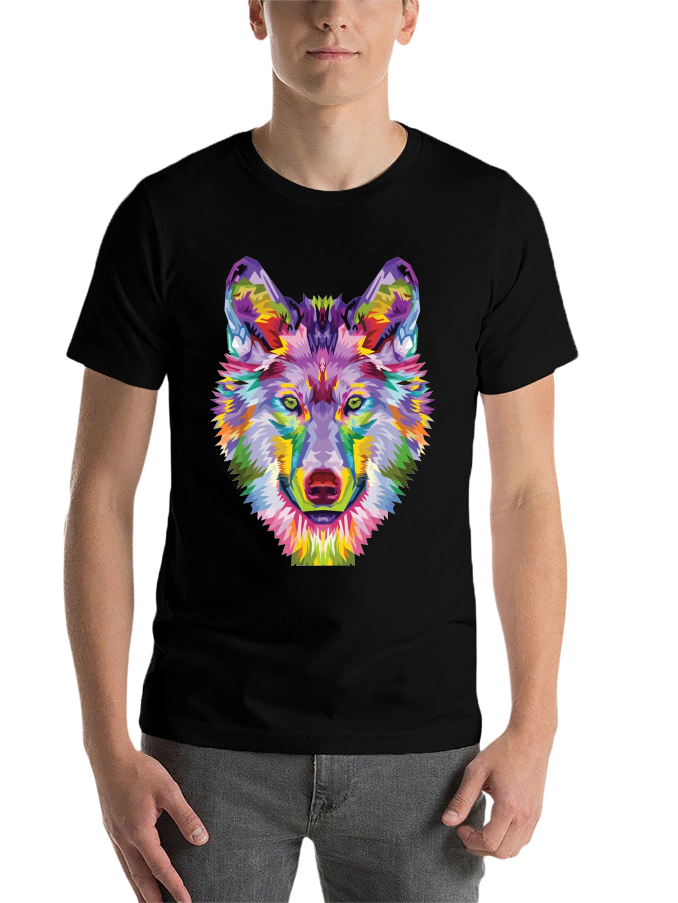 Black Colorful Wolf Graphic Tee - Unique Art Shirt view 7