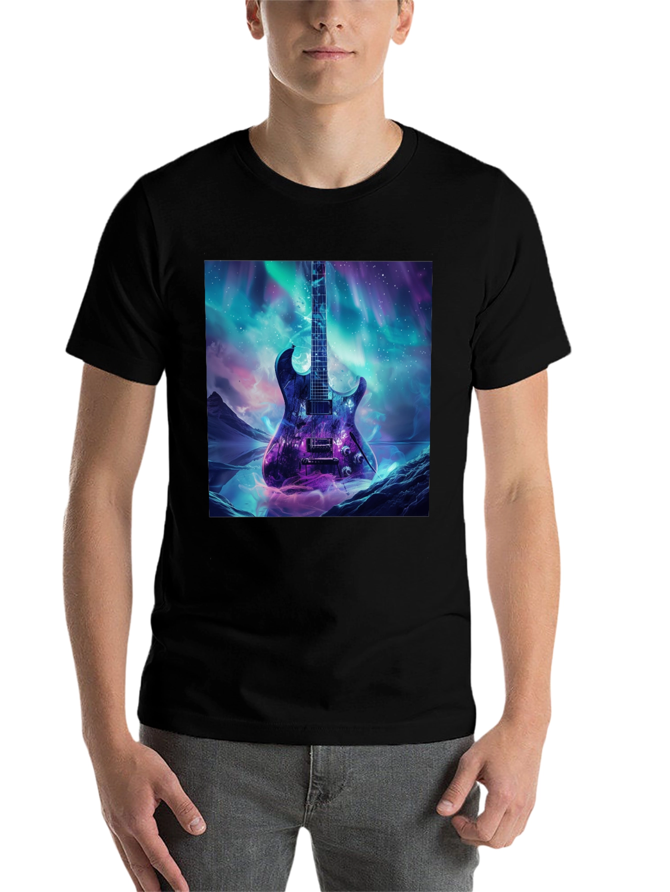 Black Guitar Galaxy Graphic Tee - Black Cotton T-Shirt view 7