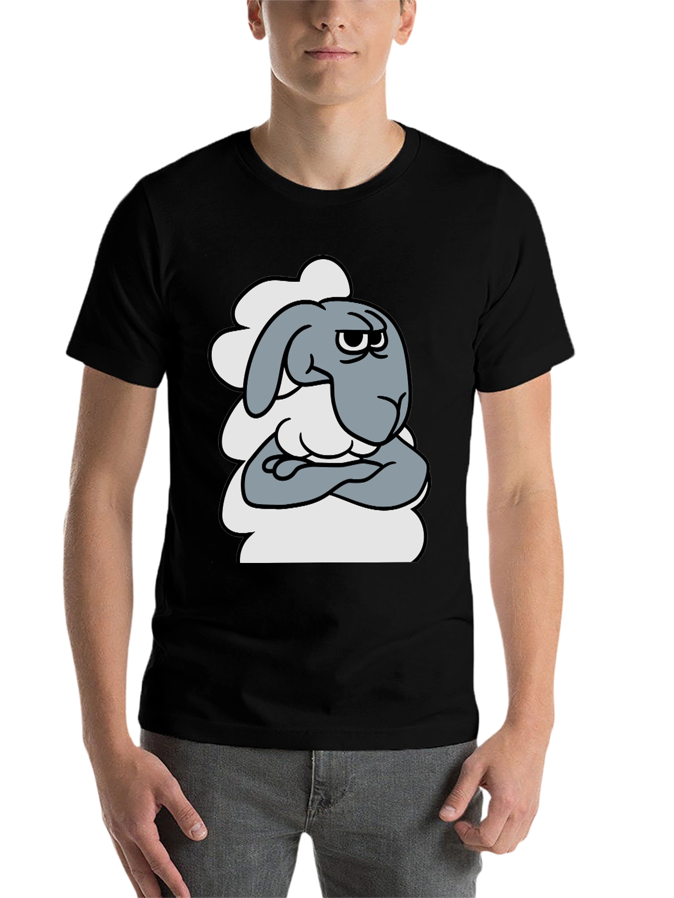 Black Grumpy Cartoon Sheep T-Shirt - Funny Animal Graphic Tee view 7