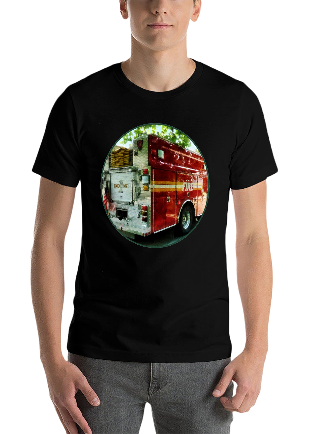 Black Fire Truck Graphic T-Shirt - Black Cotton Tee view 7