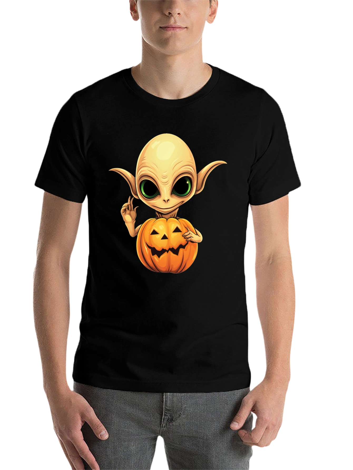 Black Spooky Alien Pumpkin T-Shirt view 7
