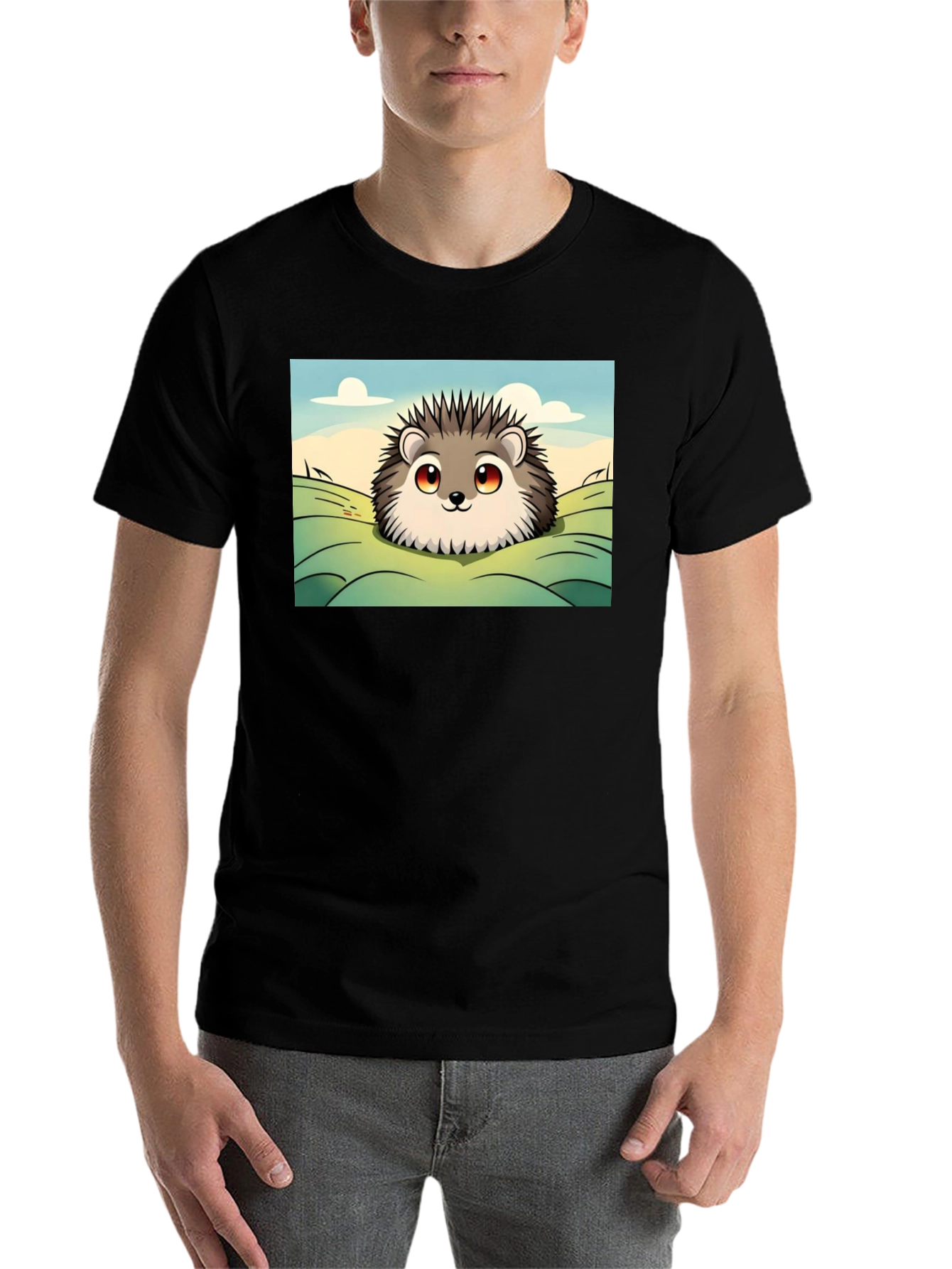 Black Cute Hedgehog Graphic Tee - Black Cotton T-Shirt view 7