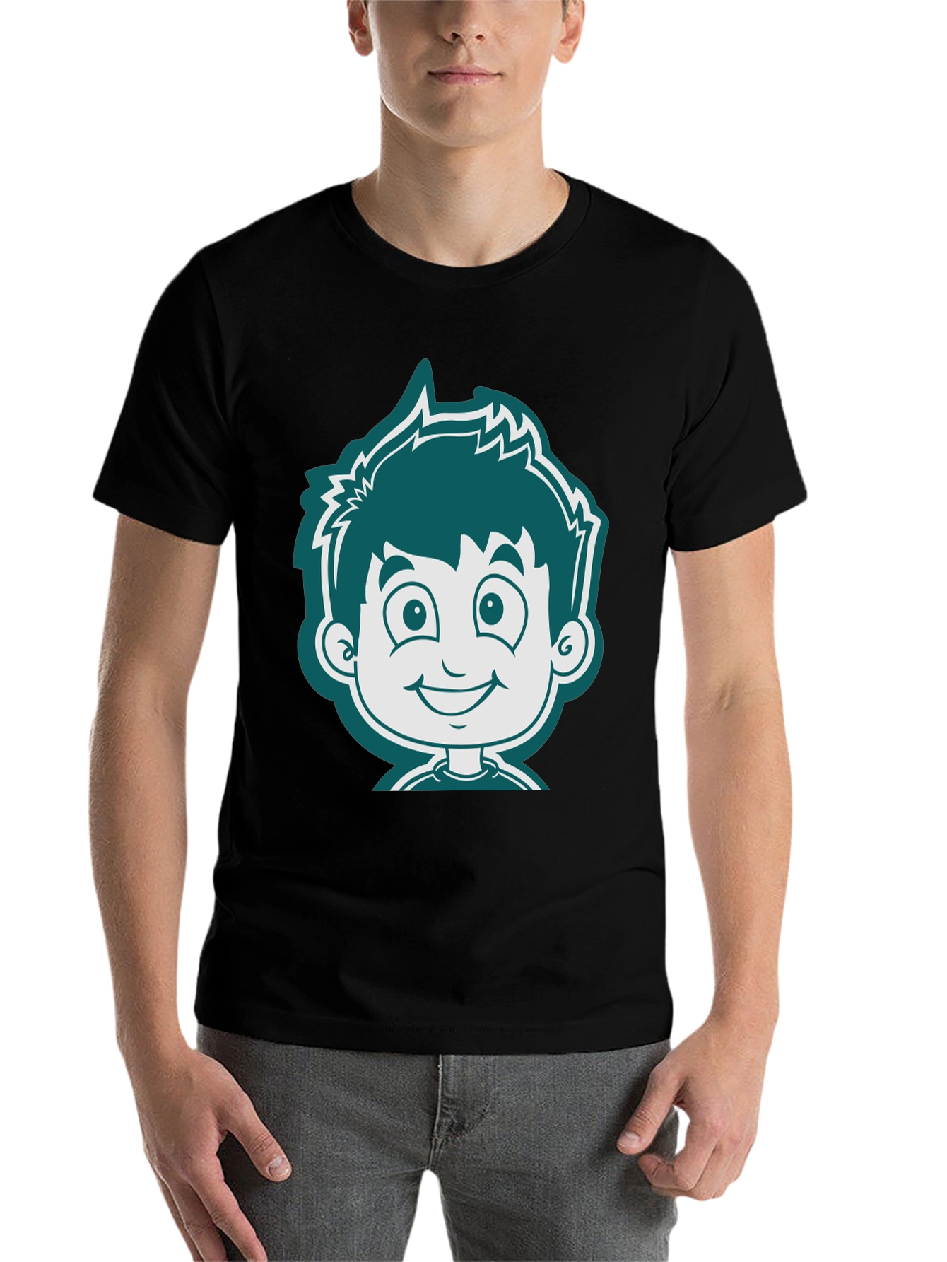 Black Cartoon Boy Graphic Tee - Black Cotton T-Shirt view 7