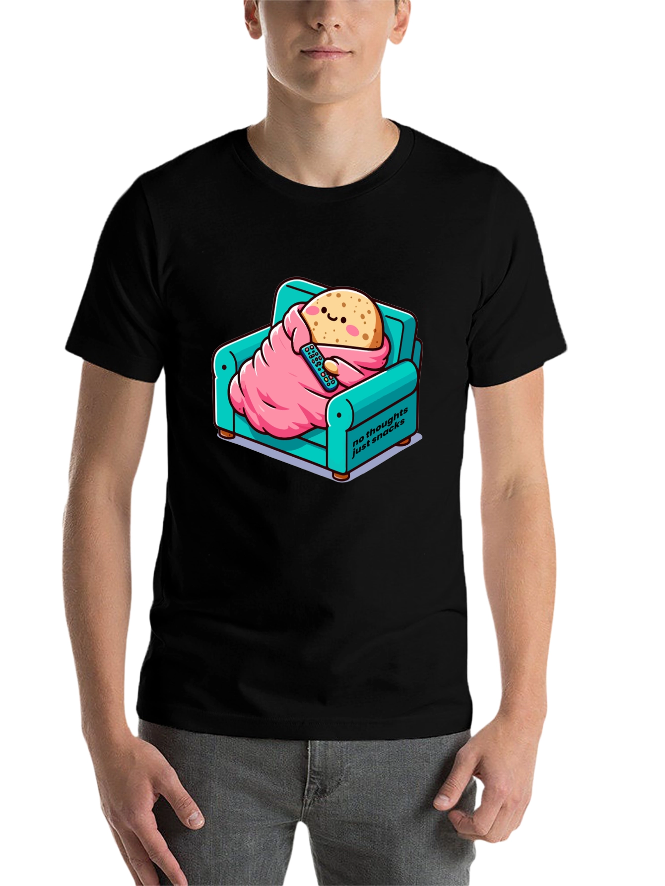 Black Snack Time T-Shirt: Cartoon Potato on Couch view 7