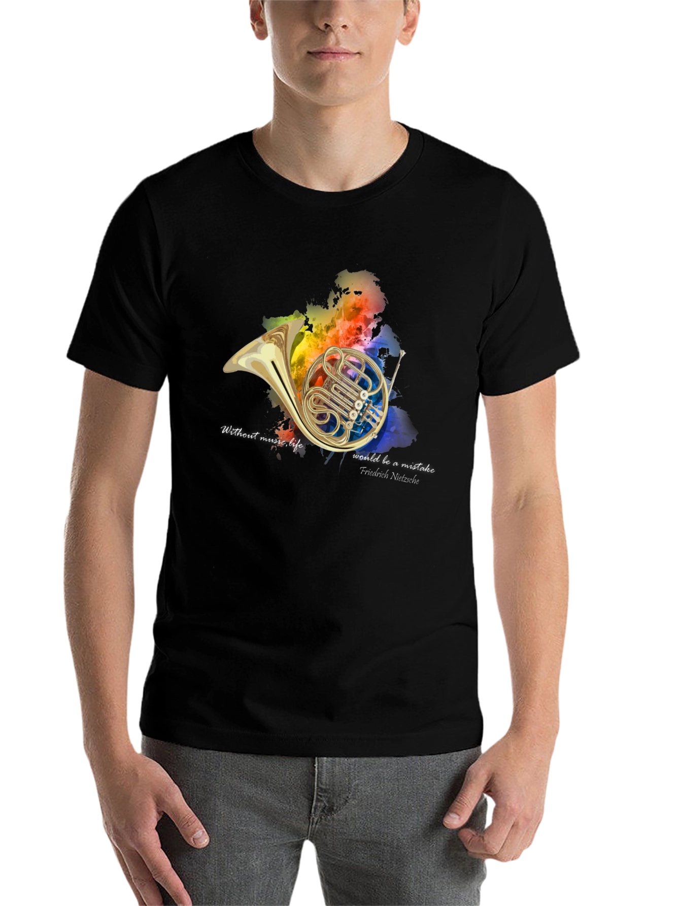 Black French Horn Music Lover T-Shirt view 7