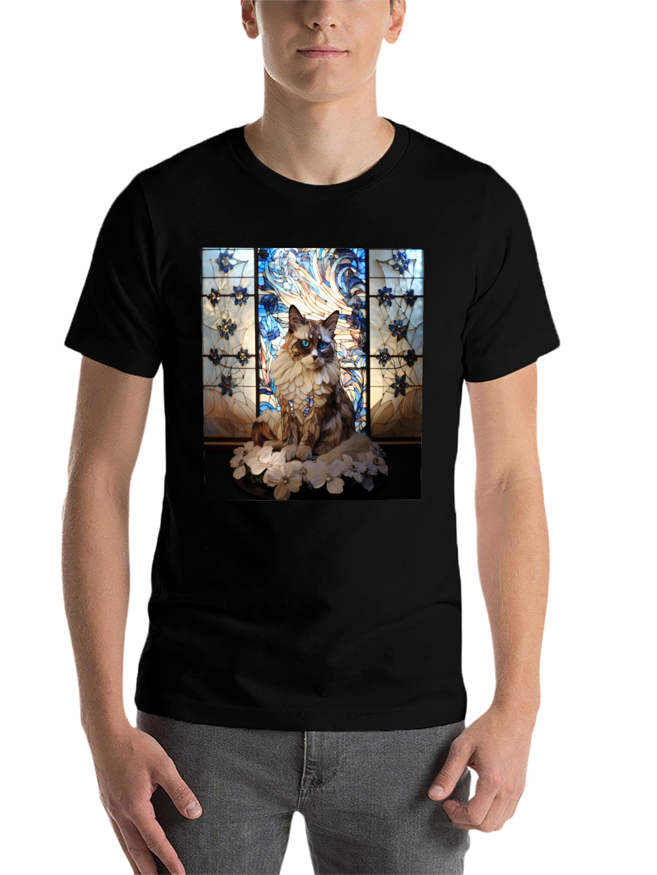Black Stained Glass Cat Portrait T-Shirt view 7