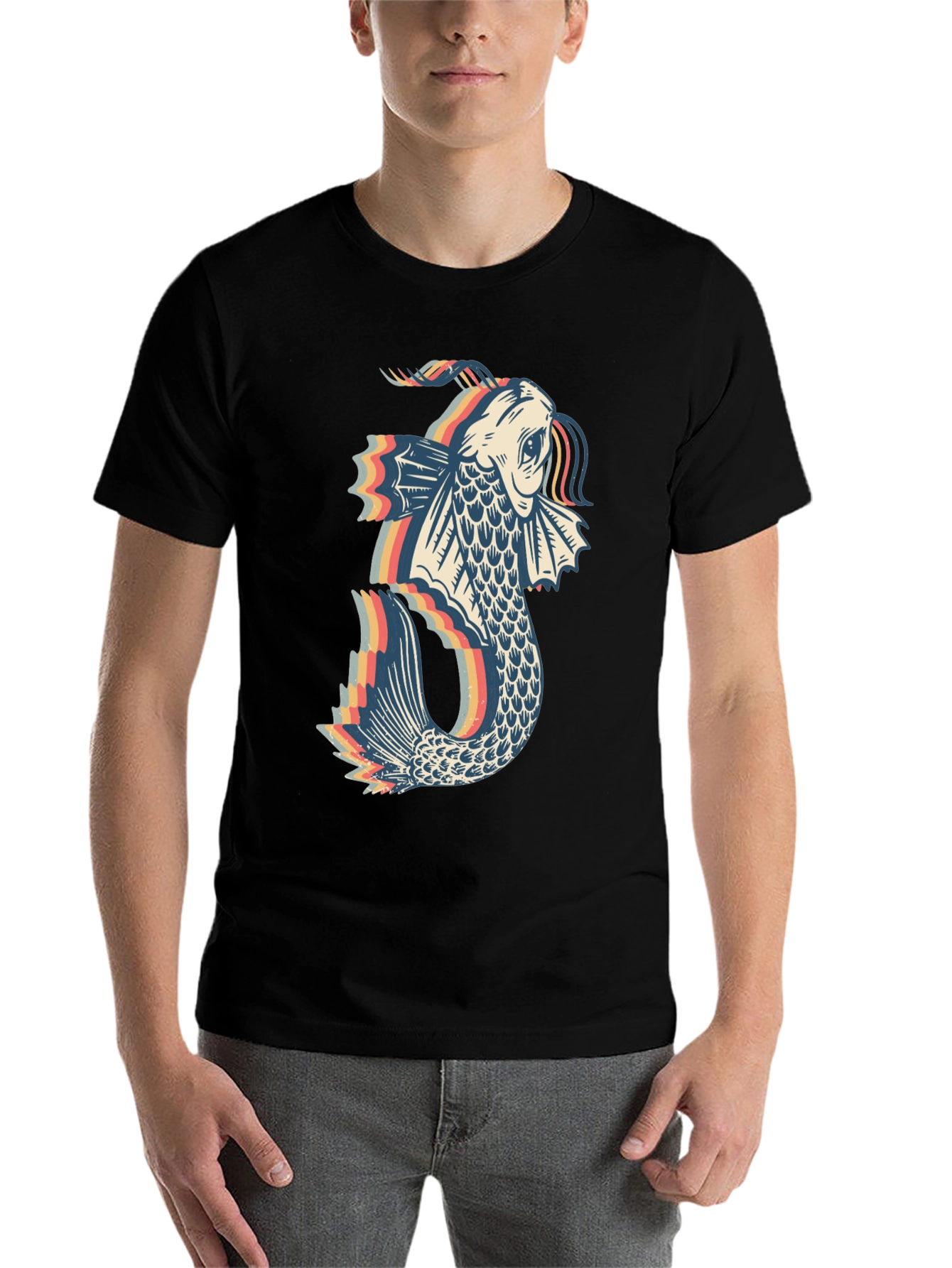 Black Retro Koi Fish Graphic Tee - Black Cotton Blend view 7