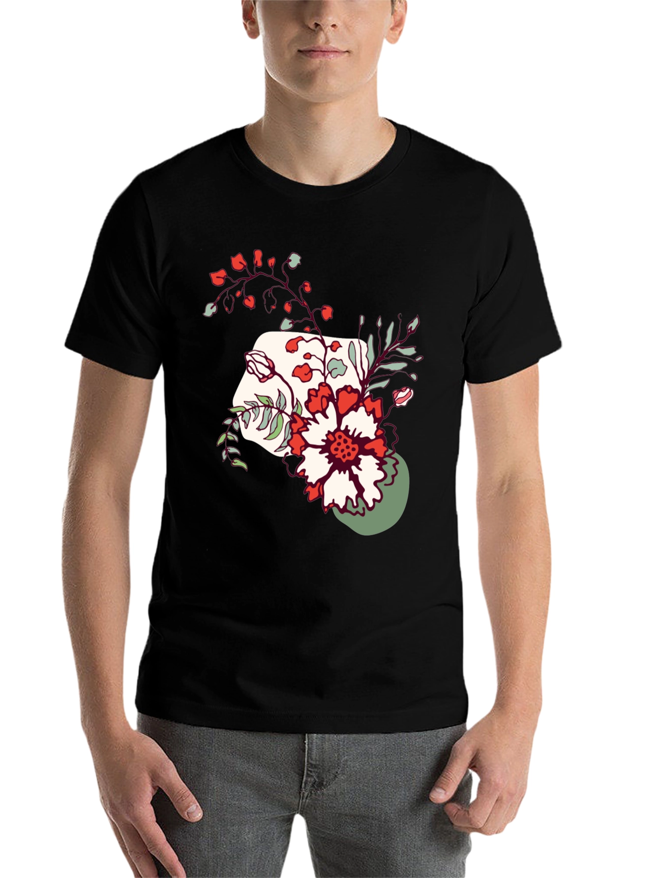 Black Floral Graphic Tee - Men's Casual Black T-Shirt view 7