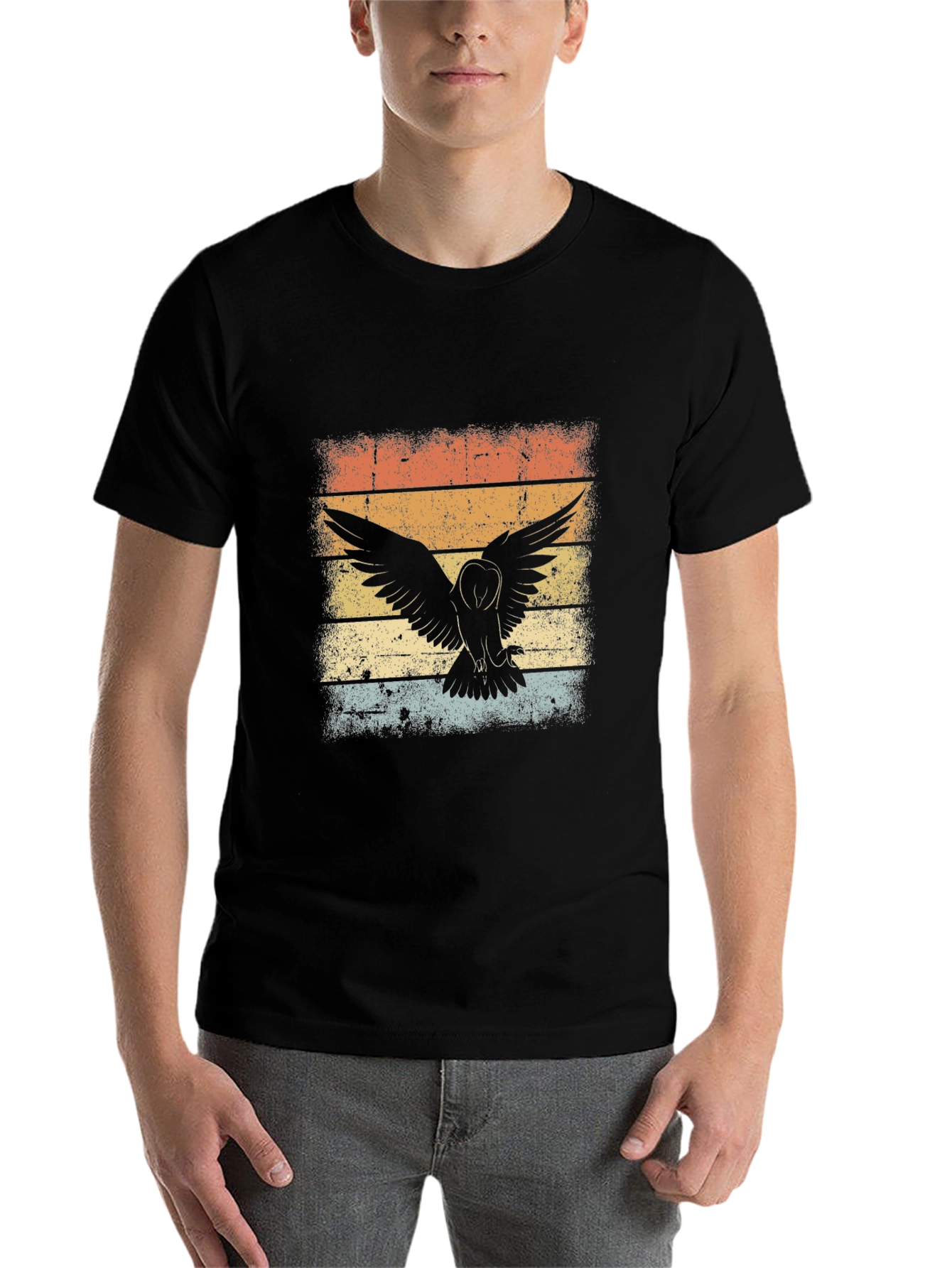 Black Vintage Owl Sunset T-Shirt - Black view 7