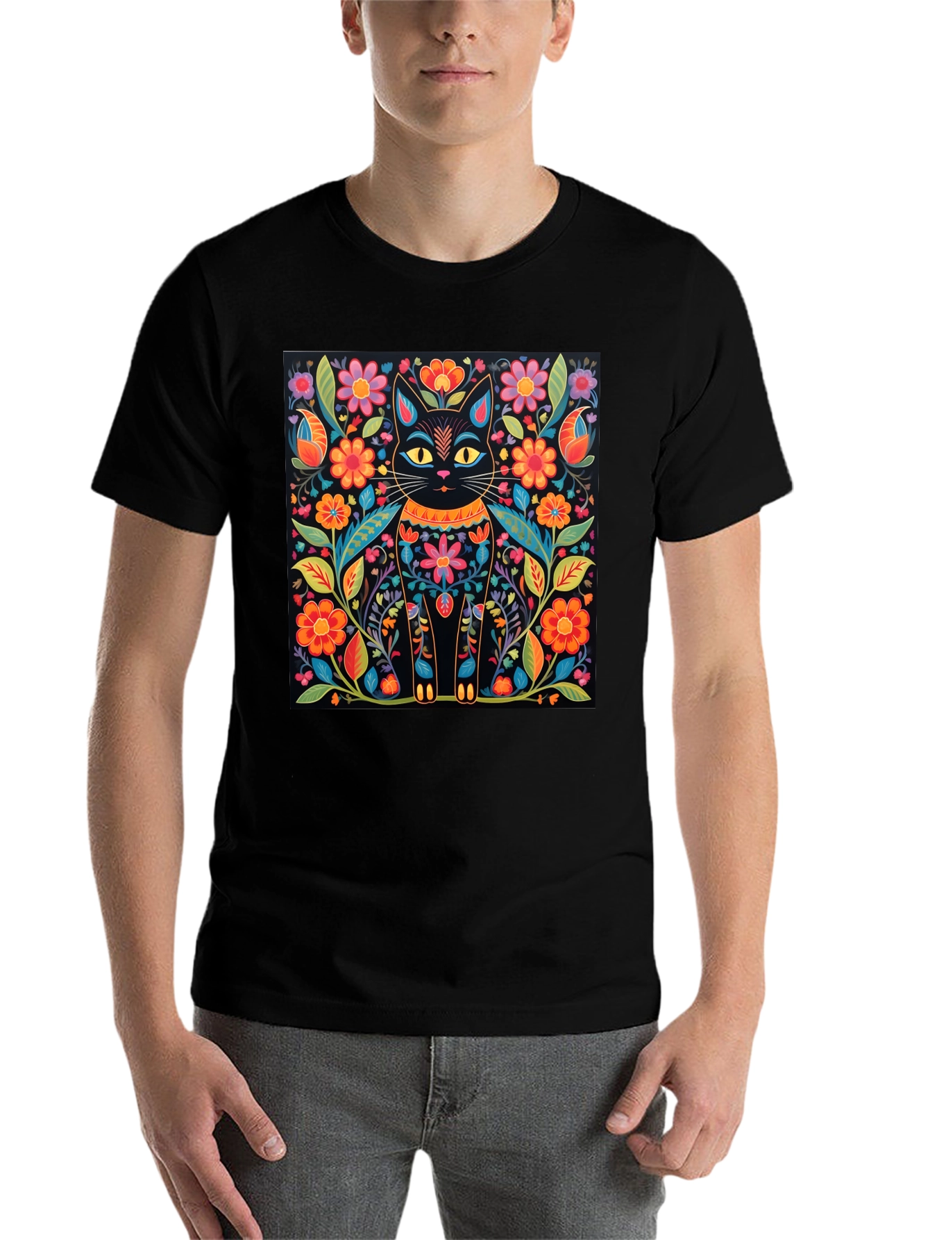 Black Floral Cat Graphic Print Black T-Shirt view 7