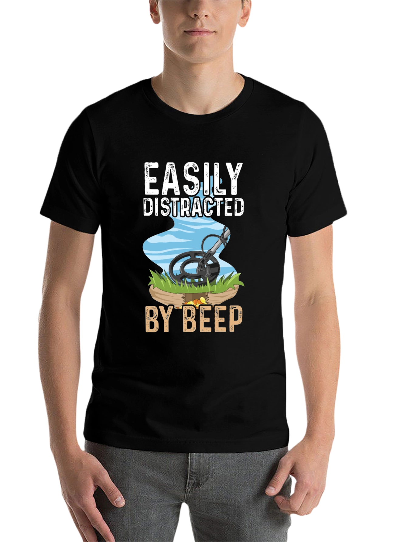 Black Easily Distracted By Beep T-Shirt Metal Detecting Hobby view 7