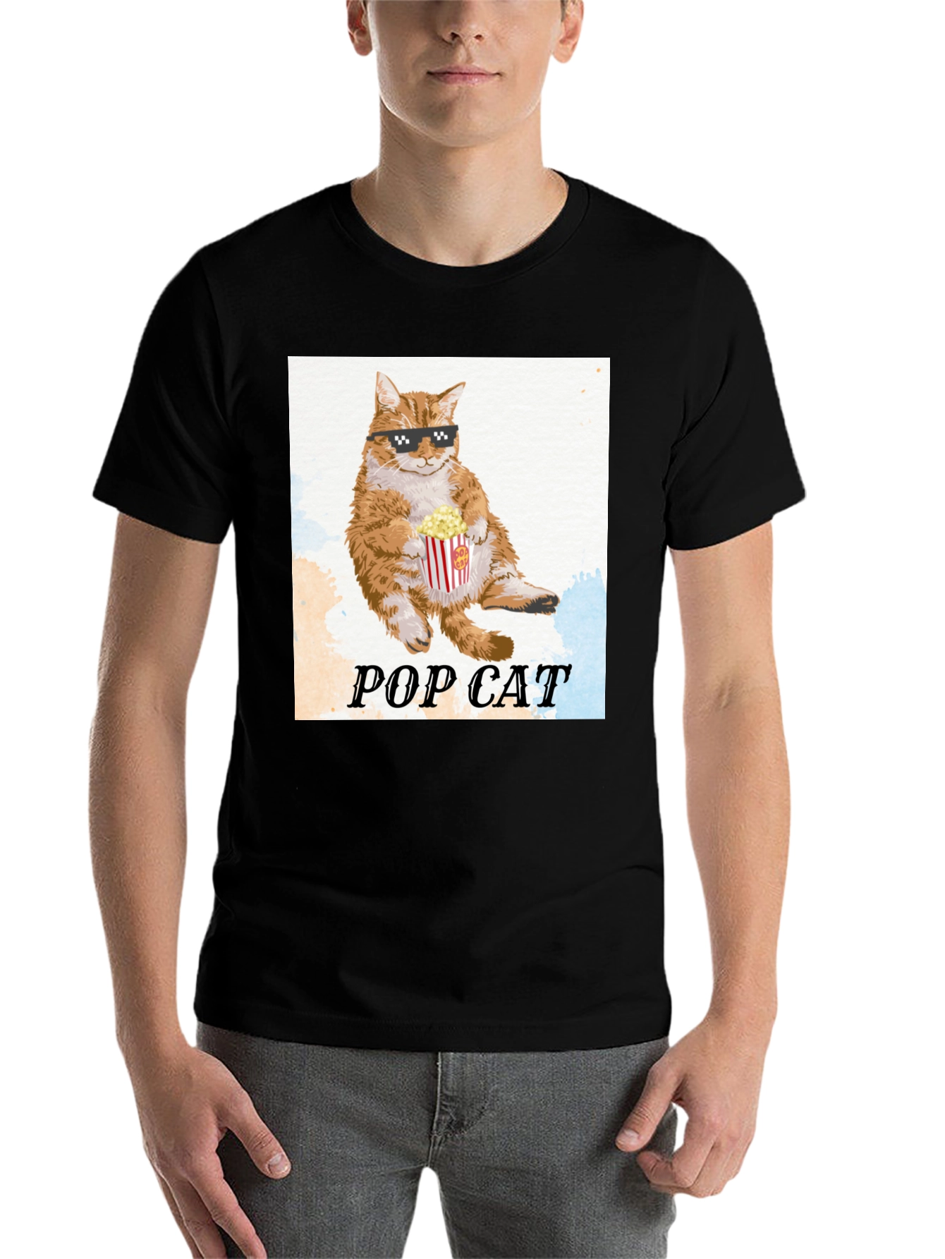 Black Pop Cat T-Shirt: Cool Cat with Popcorn view 7