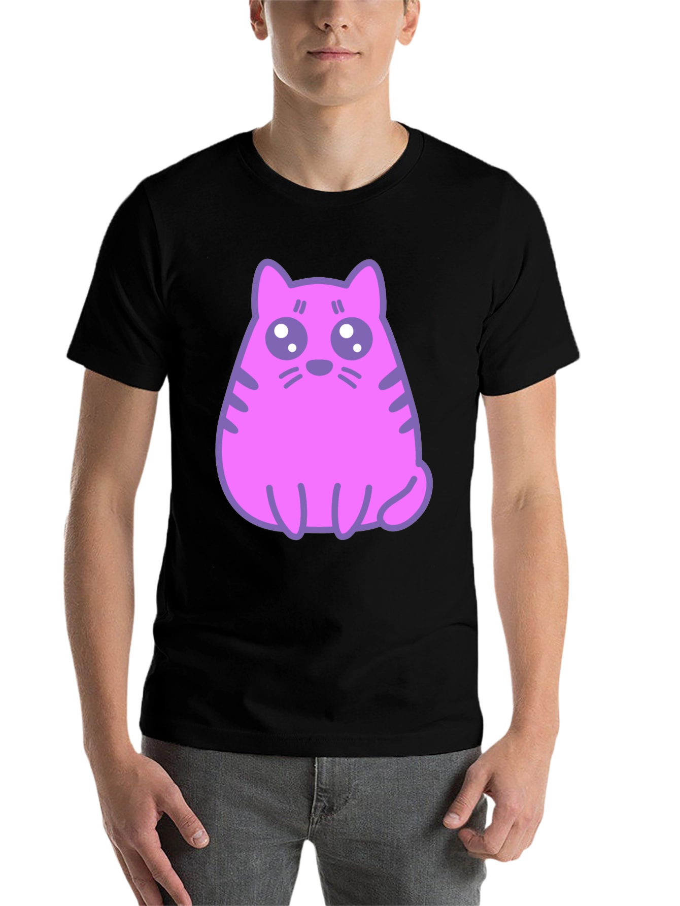 Black Cute Pink Cat Graphic T-Shirt - Black Cotton Blend Tee view 7