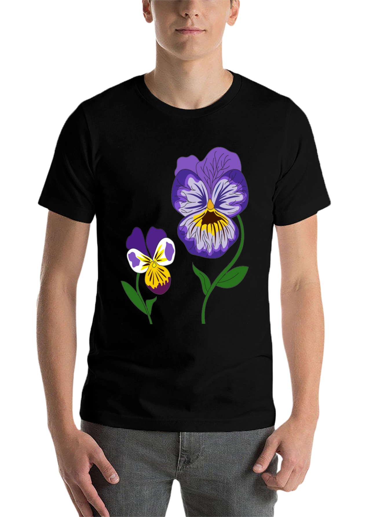 Black Floral Graphic T-Shirt - Pansy Design Black Tee view 7