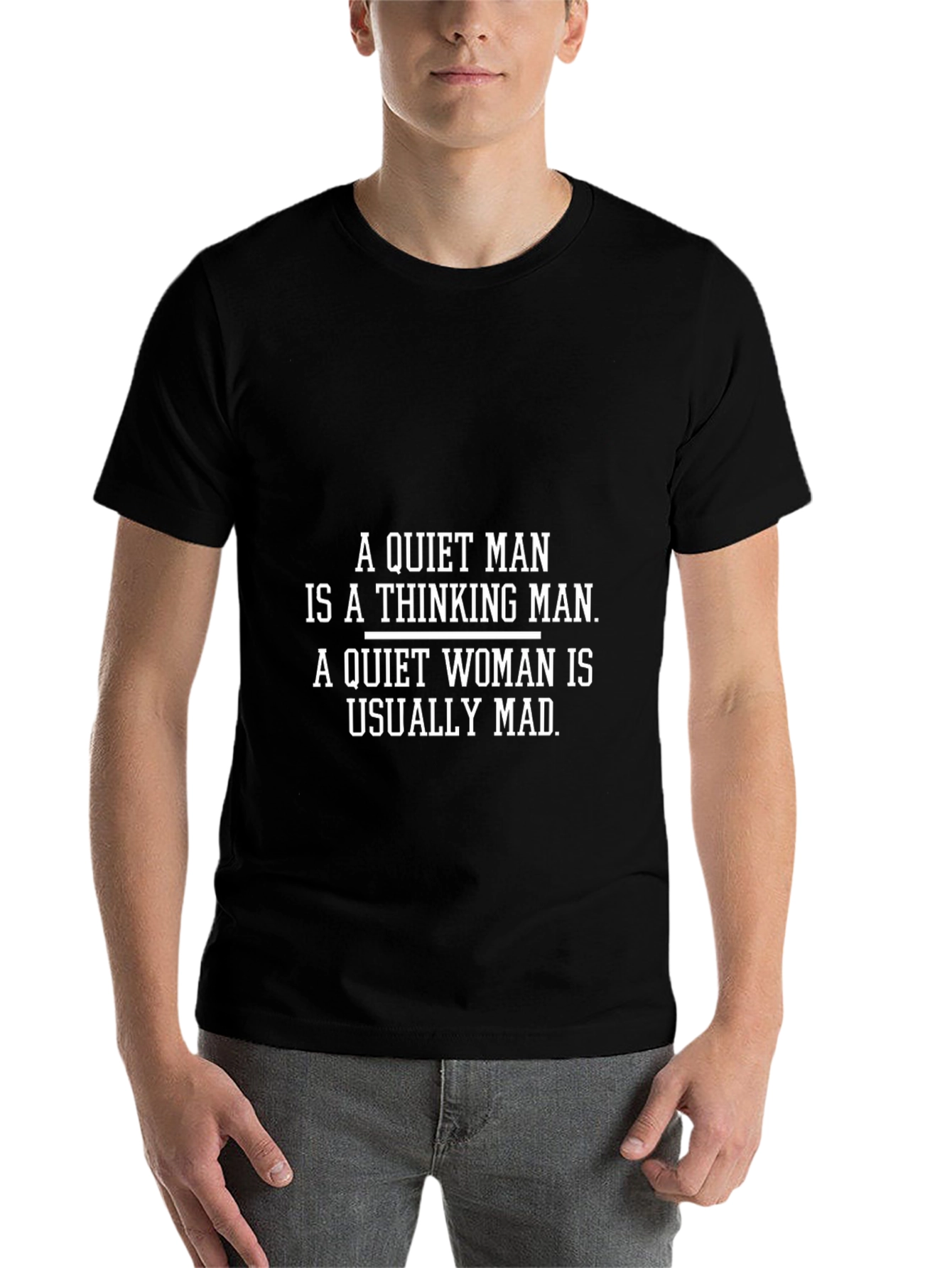 Black Funny Quiet Man Thinking Mad Woman T-Shirt view 7