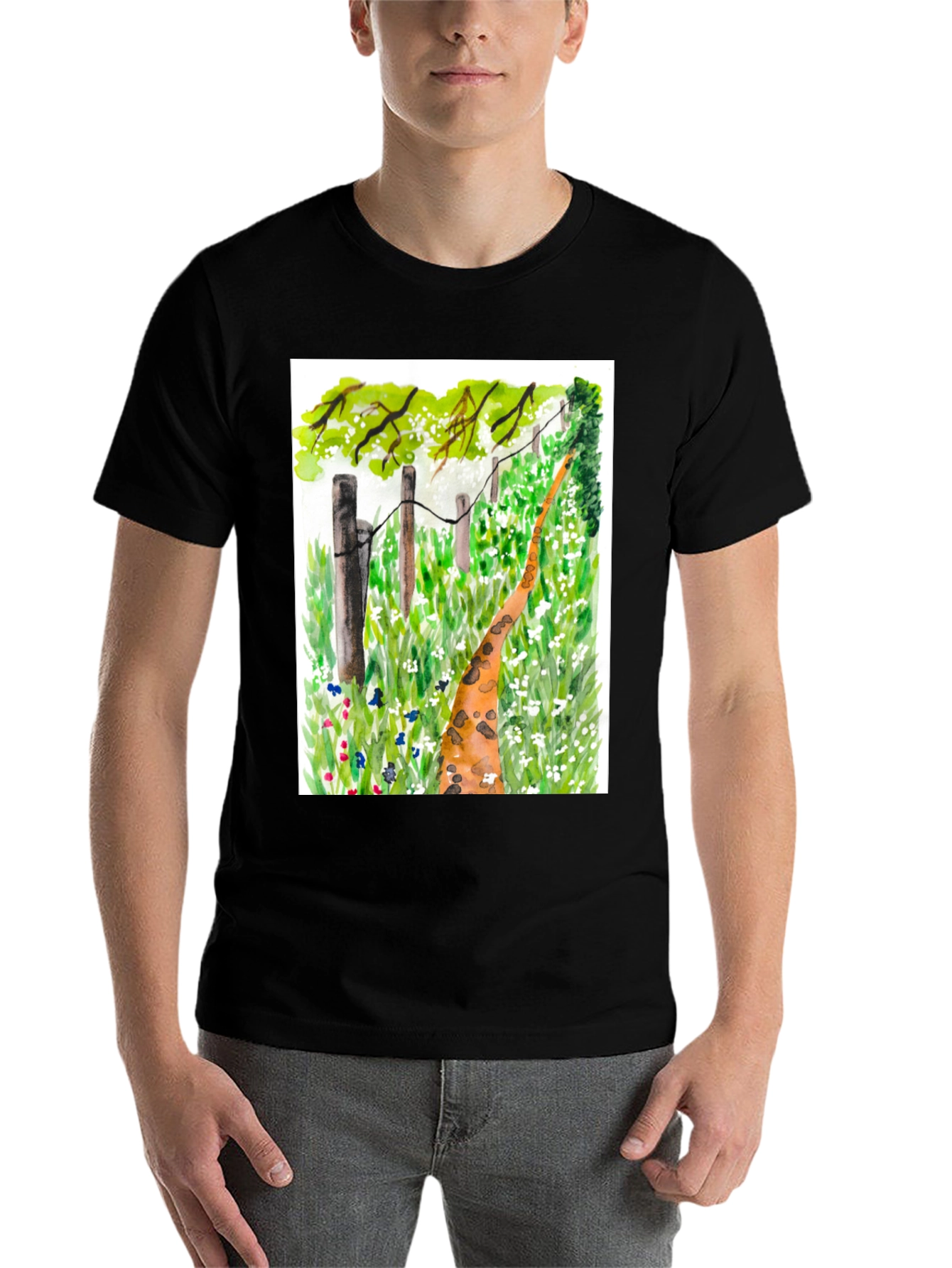 Black Watercolor Meadow Path Black T-Shirt view 7
