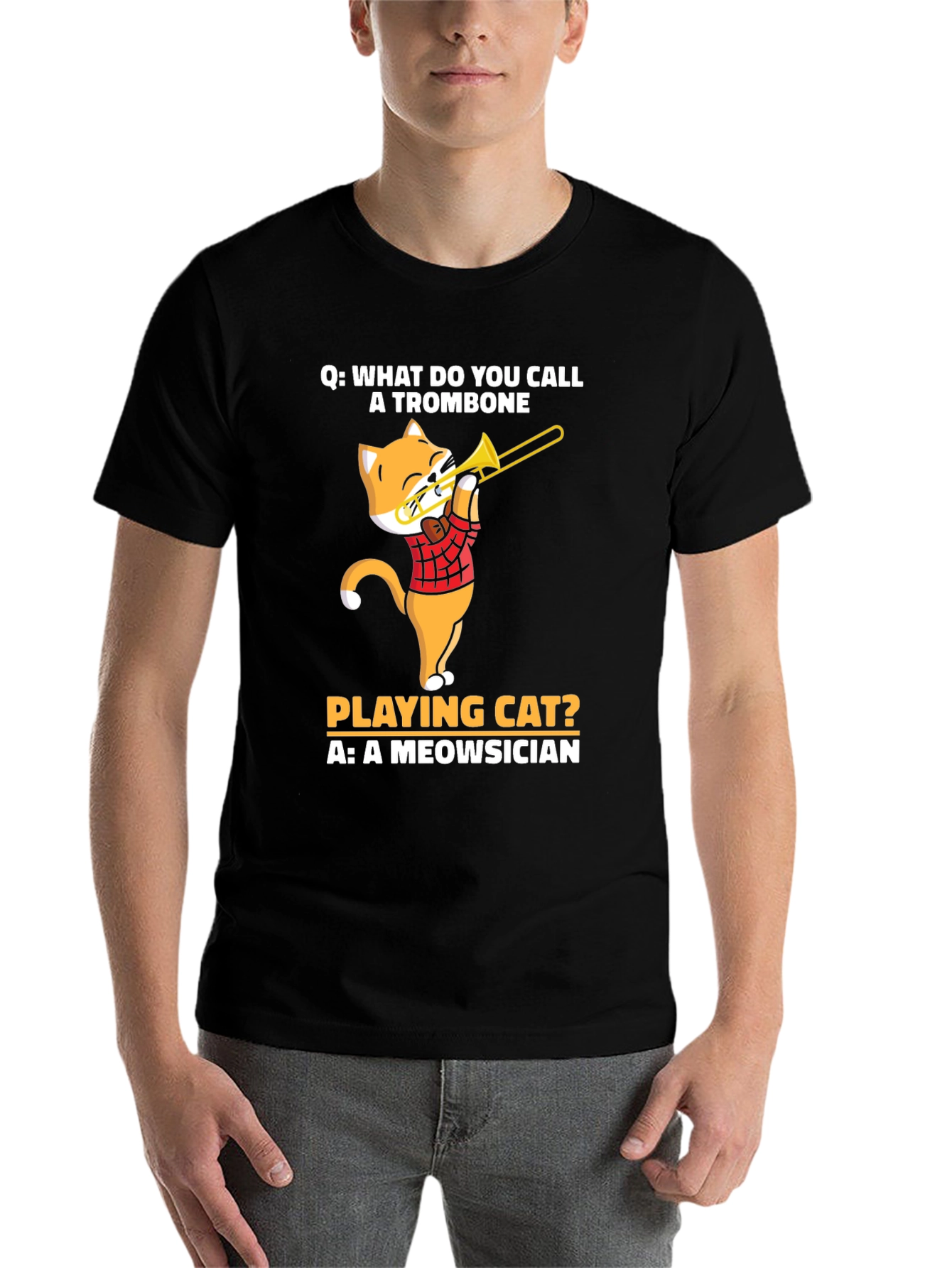 Black Meowsician Trombone Cat T-Shirt view 7